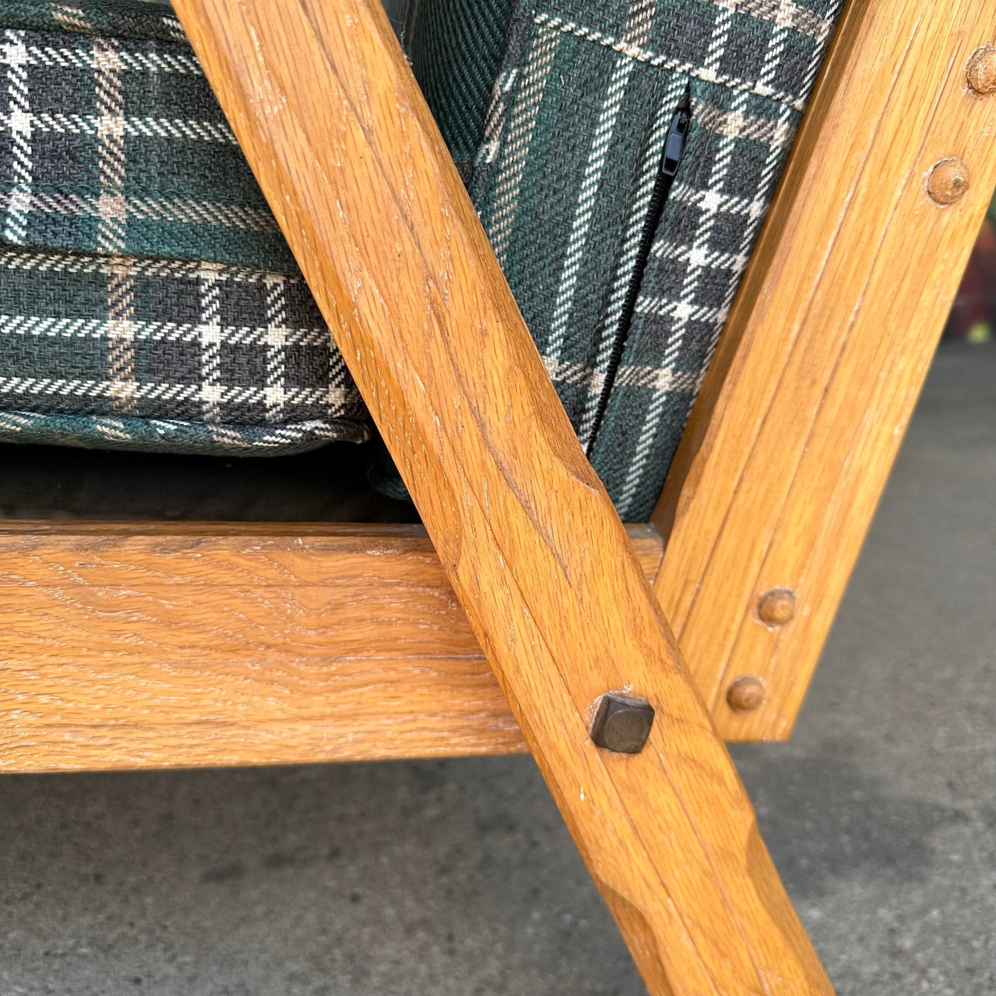 Pair of Ranch Oak Lounge Chairs Reupholstered in Plaid From Pindler
