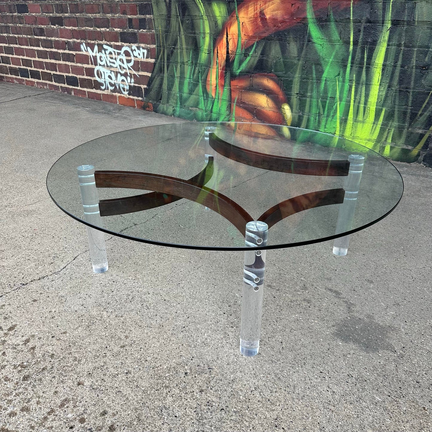 Lucite Glass and Bentwood Round Coffee Table