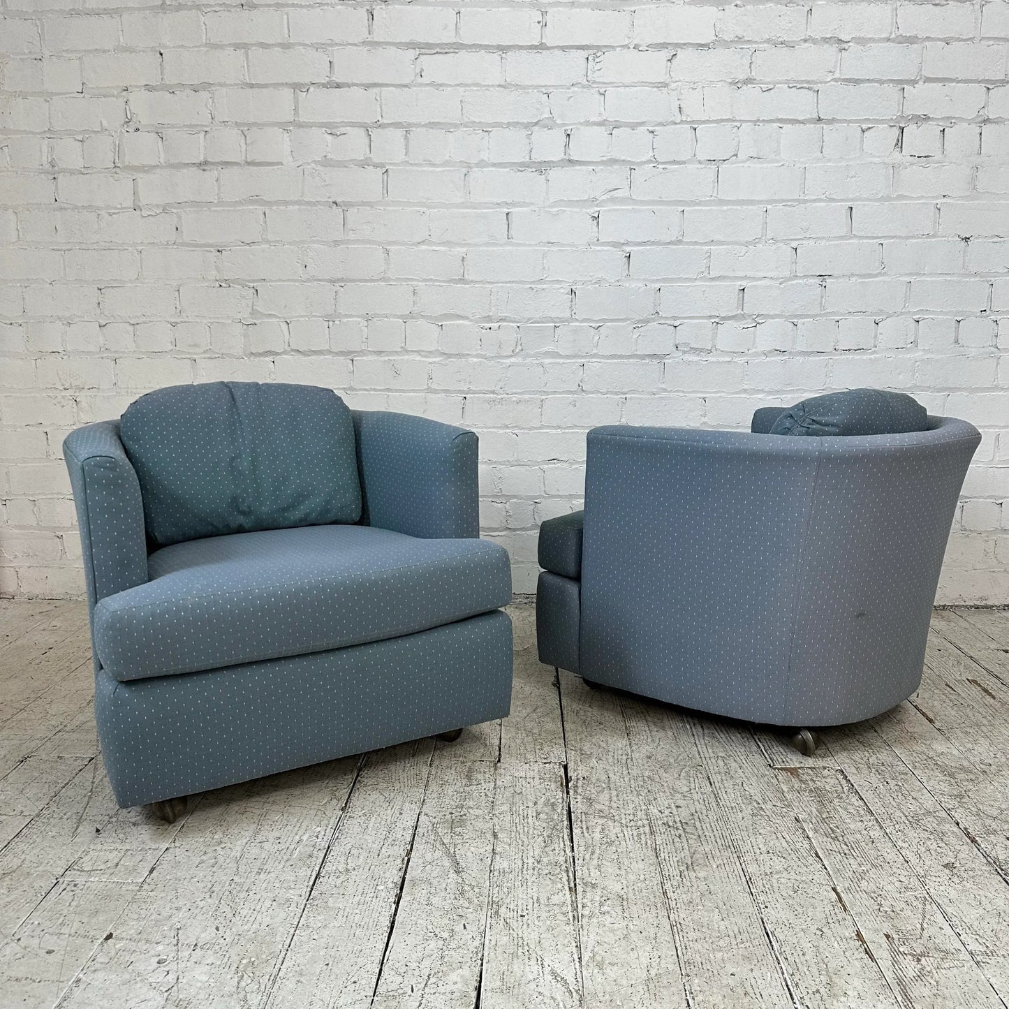 Pair of Drexel Blue Barrel Back Chairs on Casters