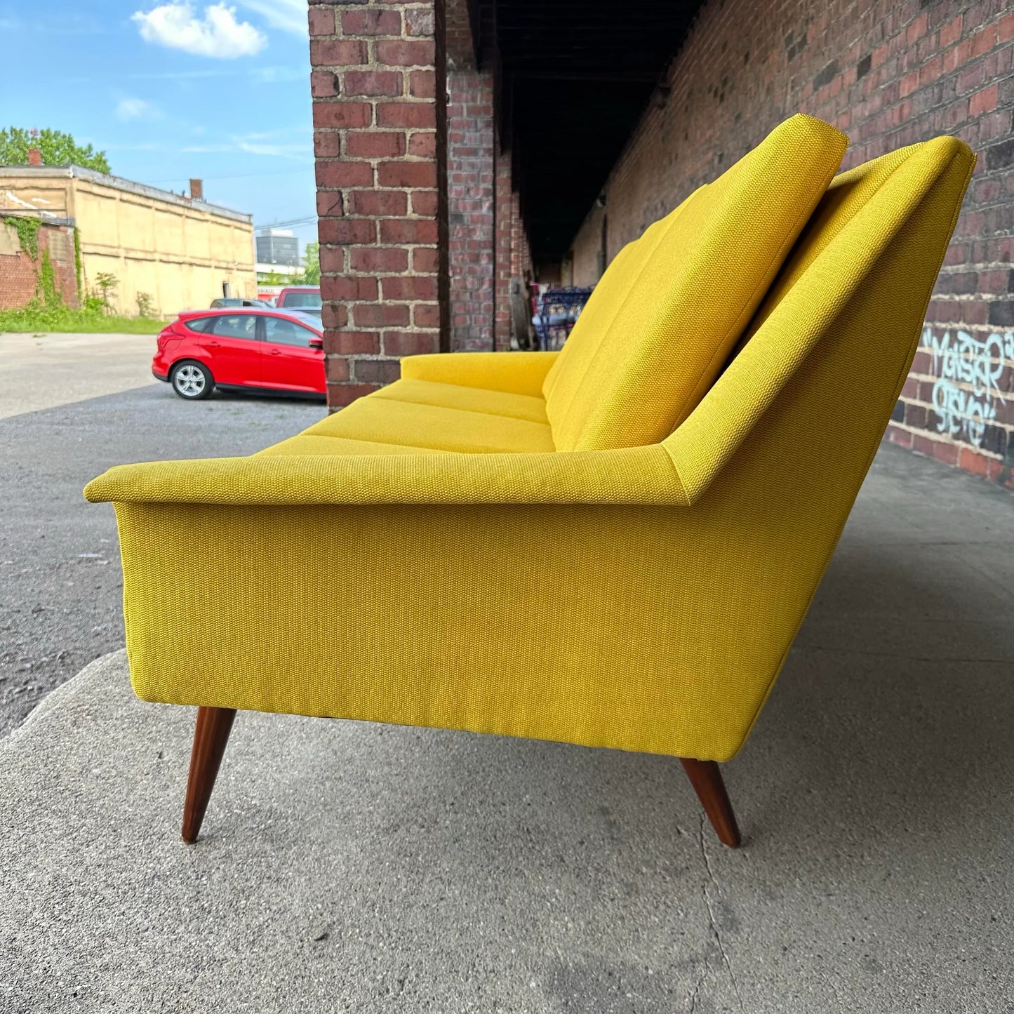 Reupholstered and Refinished Yellow Dux Sofa
