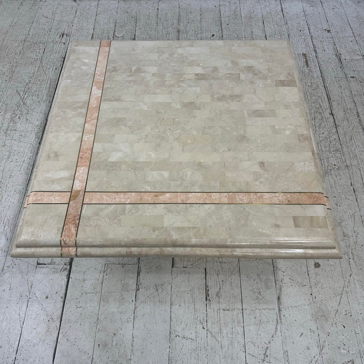 Maitland Smith Tessellated Travertine Pink Marble and Brass Square Coffee Table