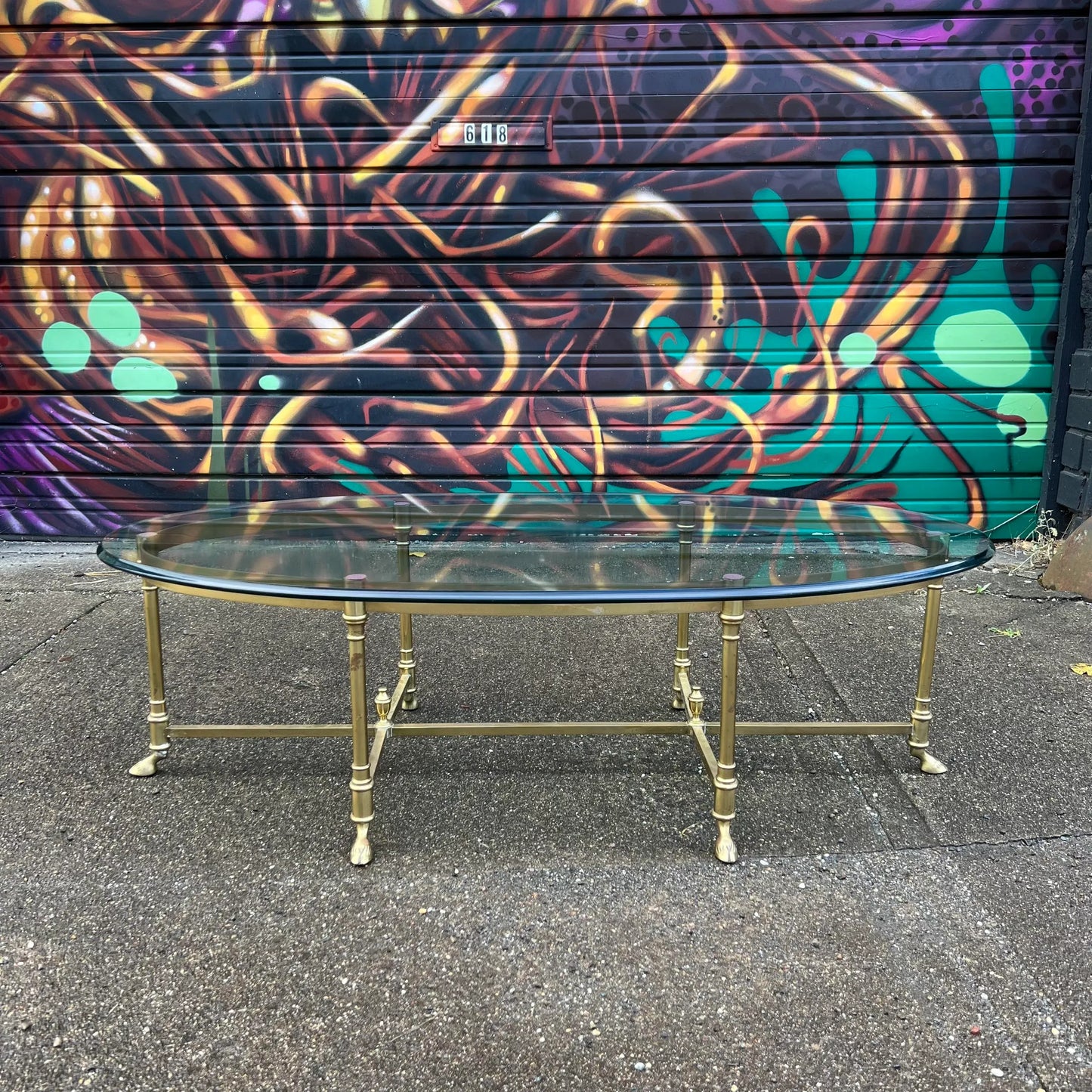 Large Racetrack Labarge Glass and Brass Oval Coffee Table