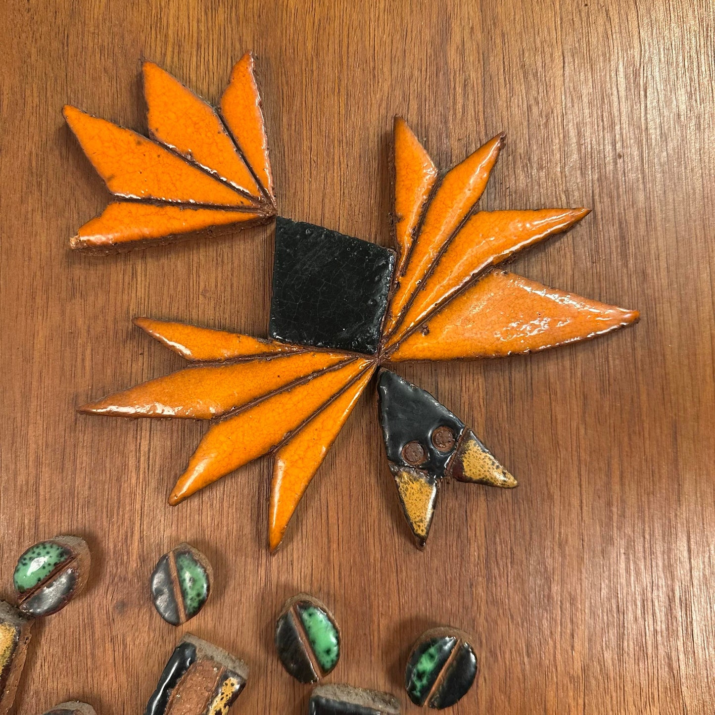 Mid Century Modern Ceramic Mosaic on Teak Wood La Luna