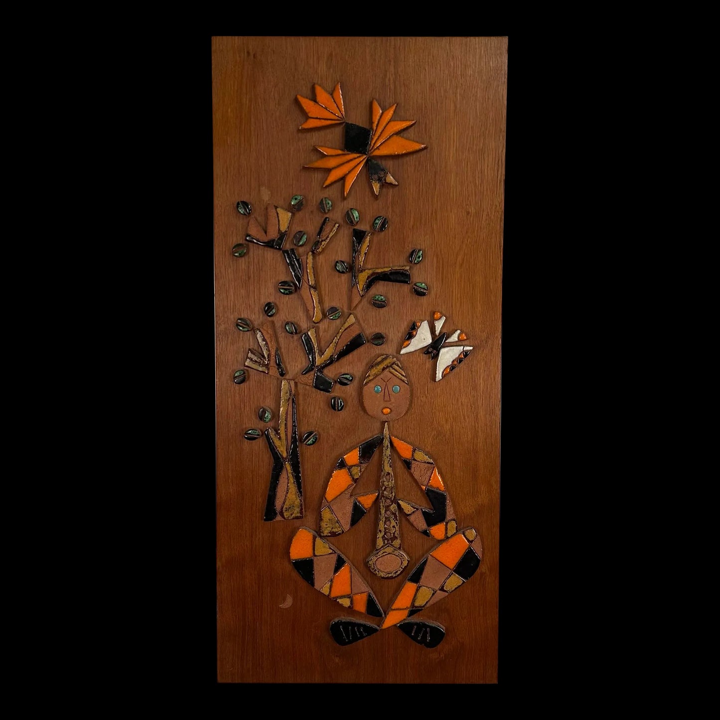 Mid Century Modern Ceramic Mosaic on Teak Wood La Luna