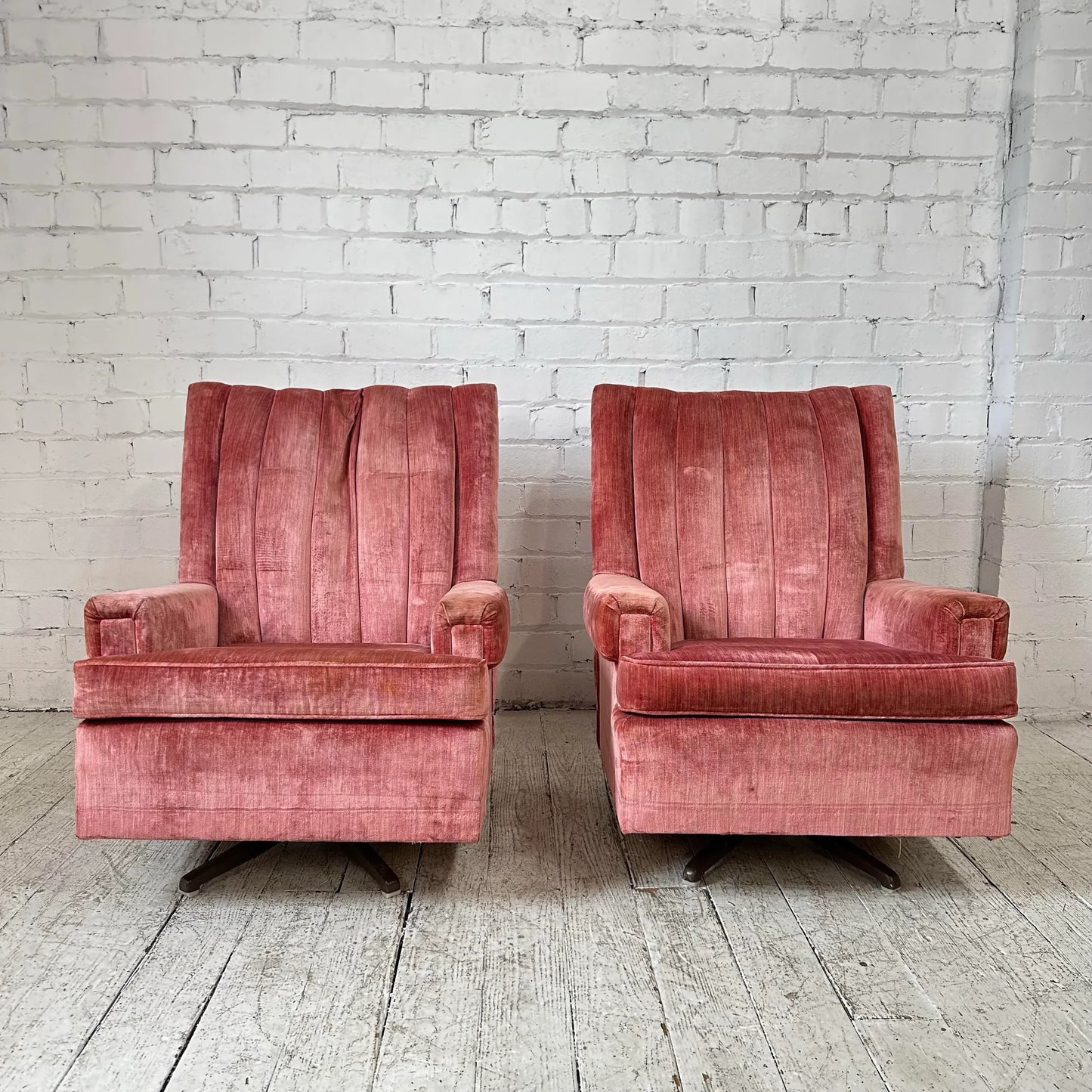 Pair of Velvet Rock & Swivel Tall Back Armchairs