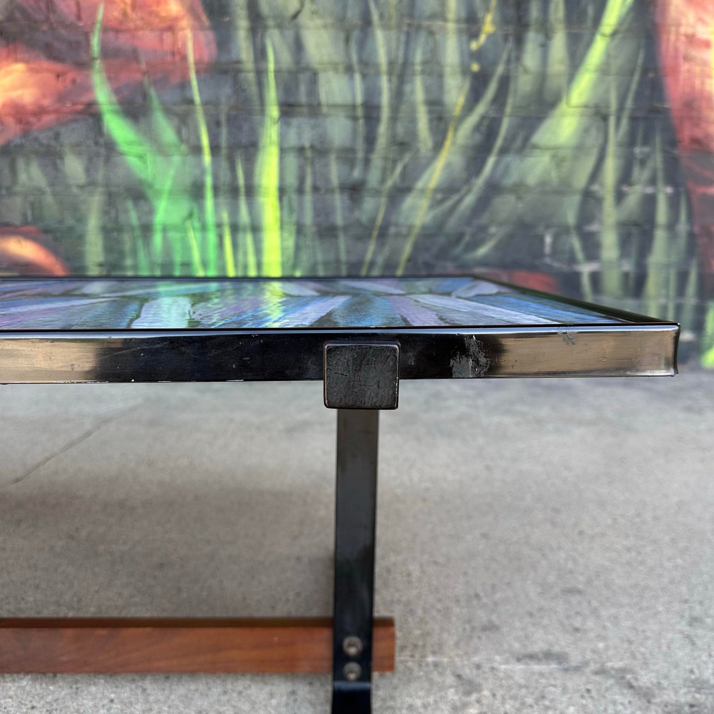 Mid Century Enamel Top Coffee Table Blue and Purple