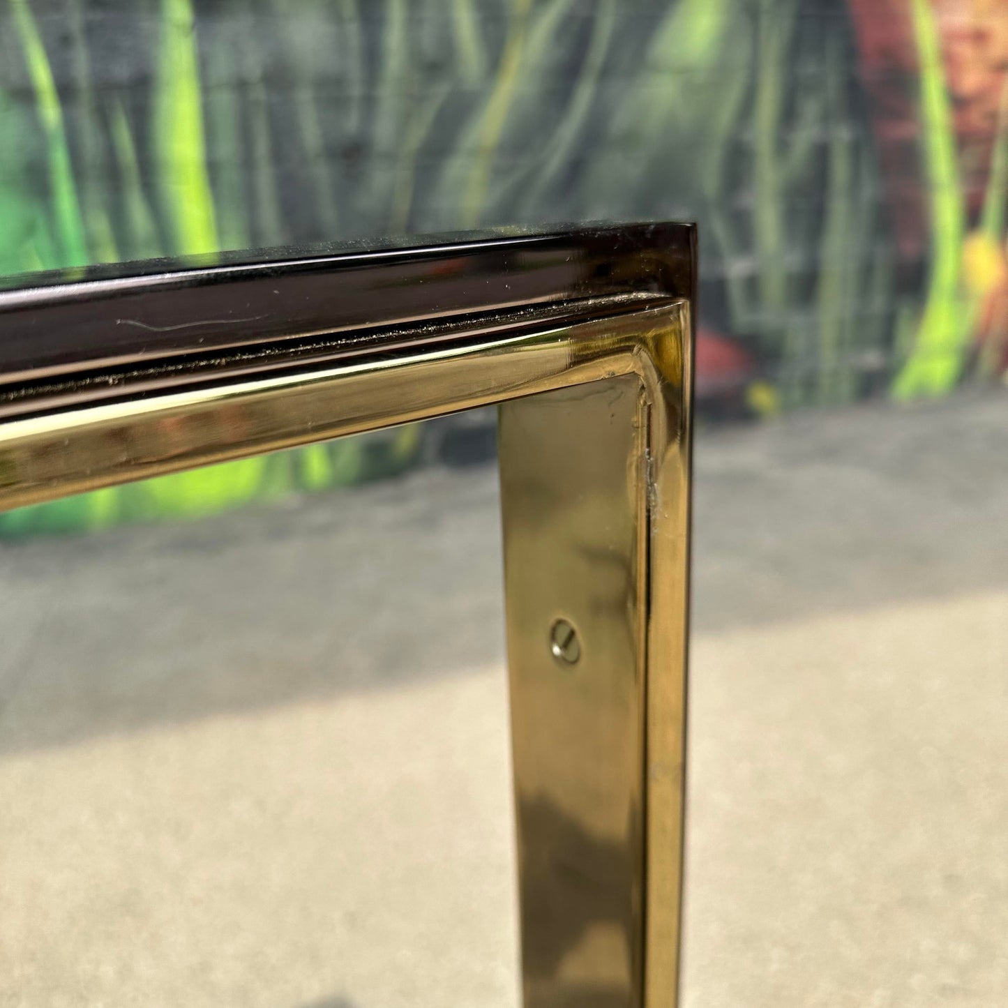 Pair of Glass and Brass and Smoked Chrome Solid Steel Side Tables