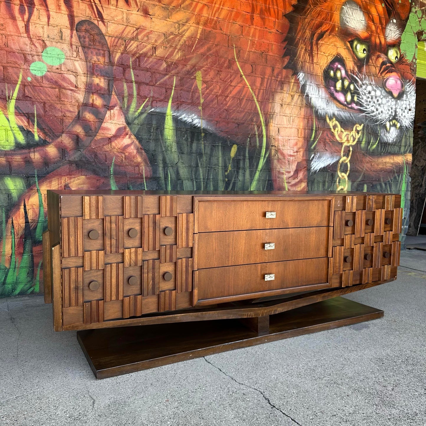 Mid Century Modern Brutalist Walnut Credenza
