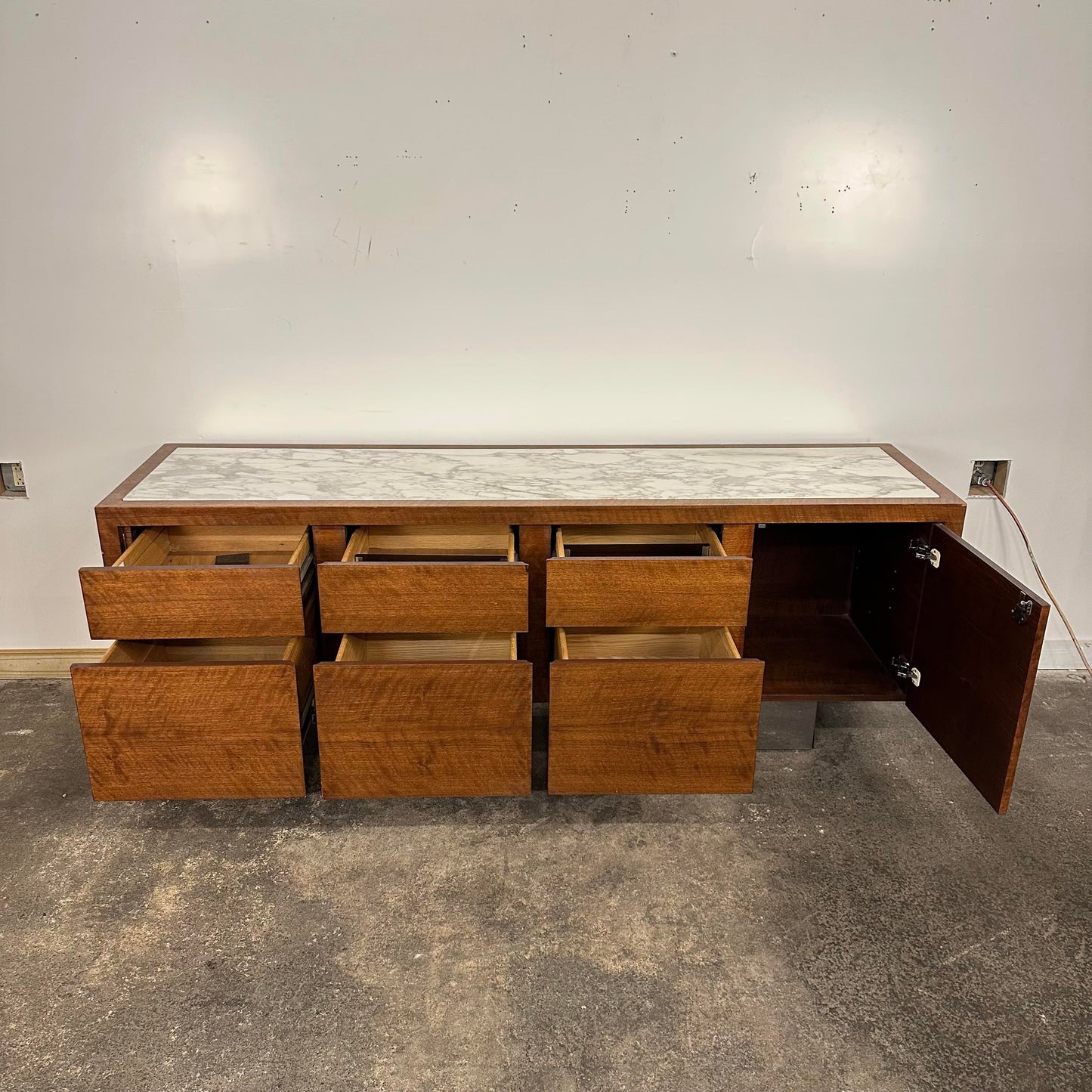 Mid Century Modern Helikon Walnut Chrome and Marble Credenza
