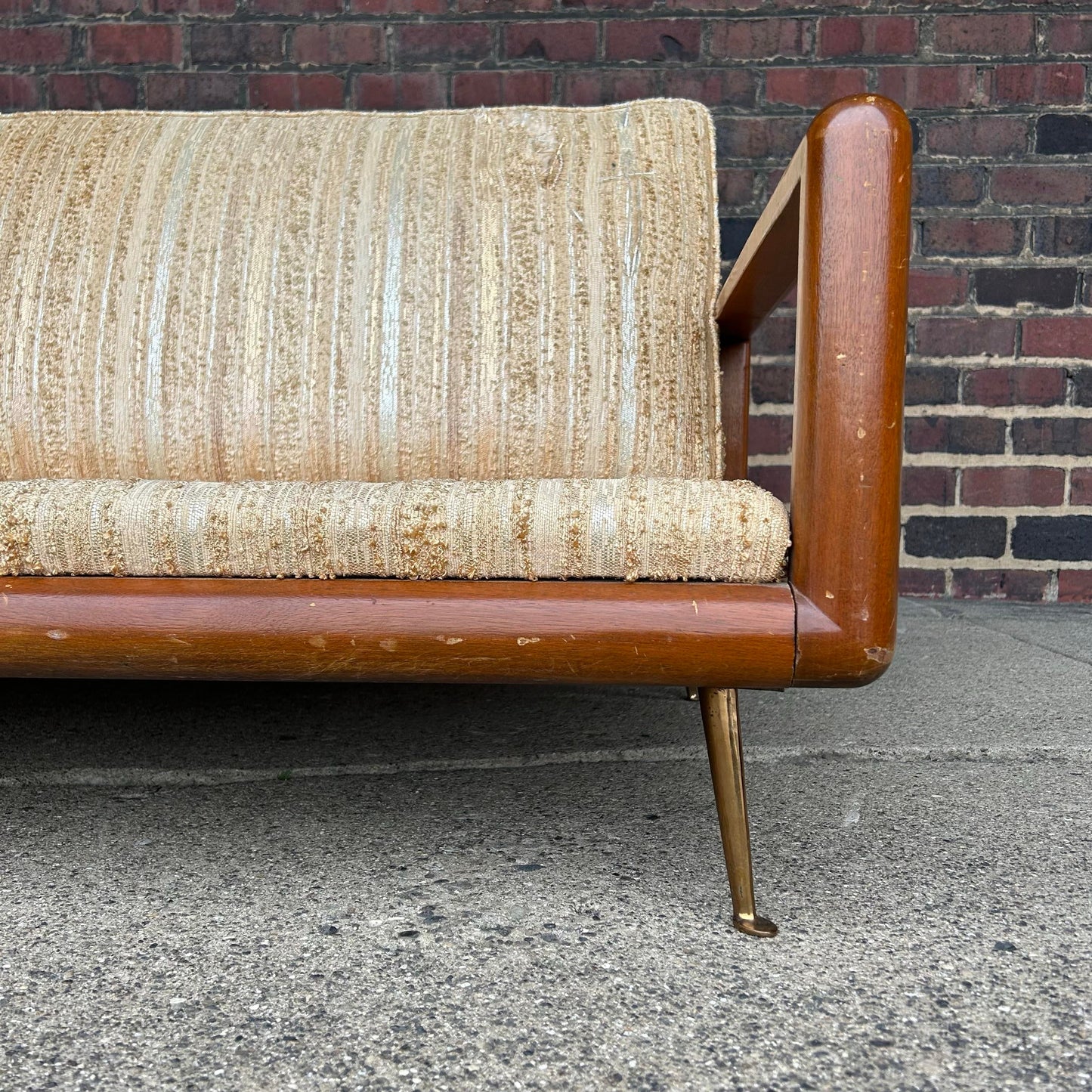 T. H. Robsjohn Gibbings Style Walnut Framed Sofa With Brass Legs