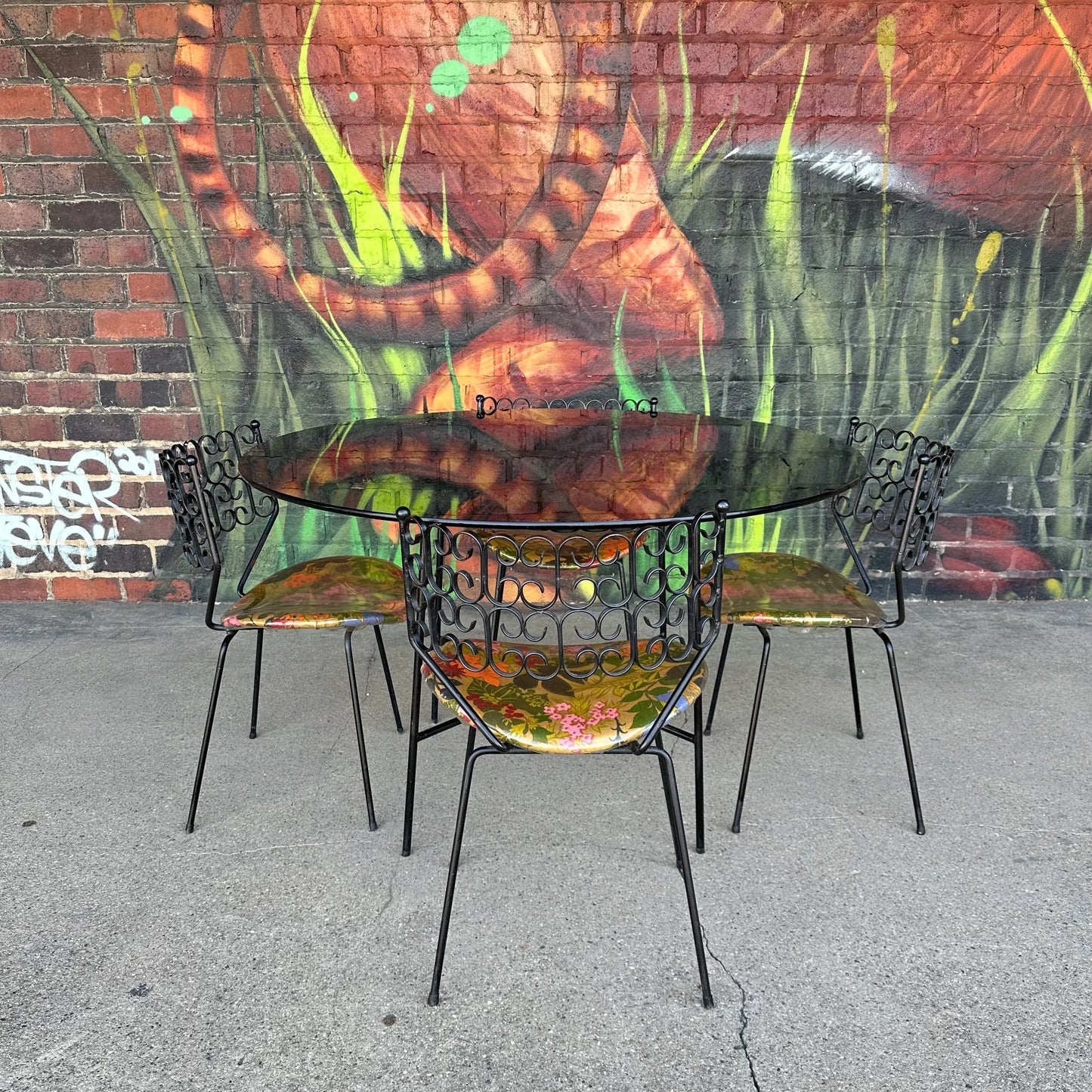 Arthur Umamoff Iron and Glass Dining Table 4 Chairs