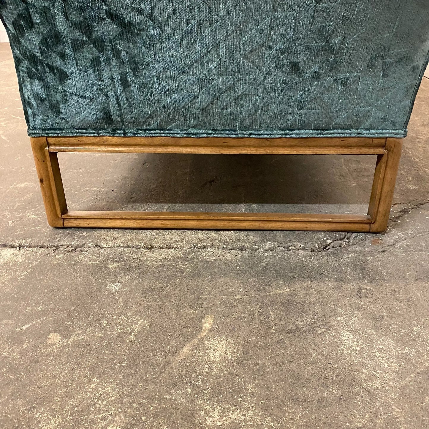 Reupholstered Mid Century Modern Sofa Done in a Geometric Cut Velvet.