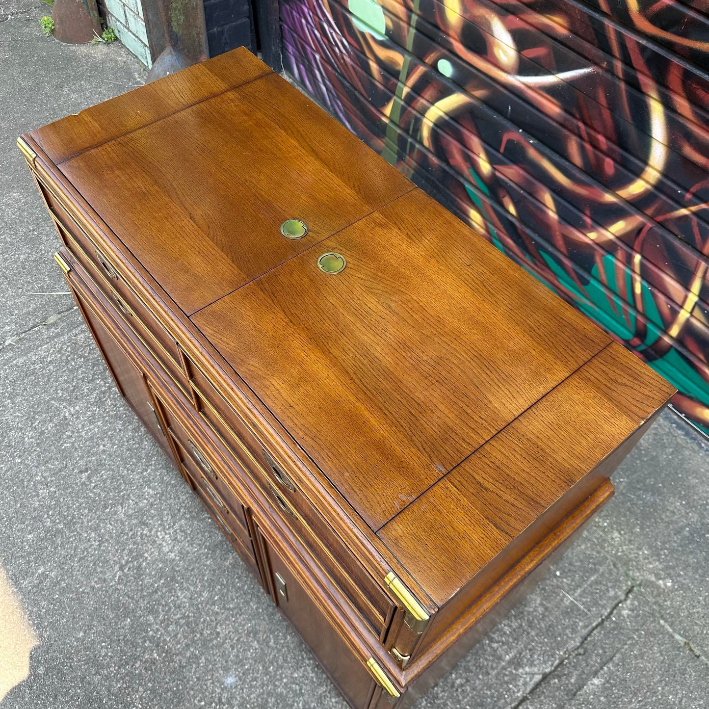 Lexington Campaign Style Pecan and Brass Dry Bar