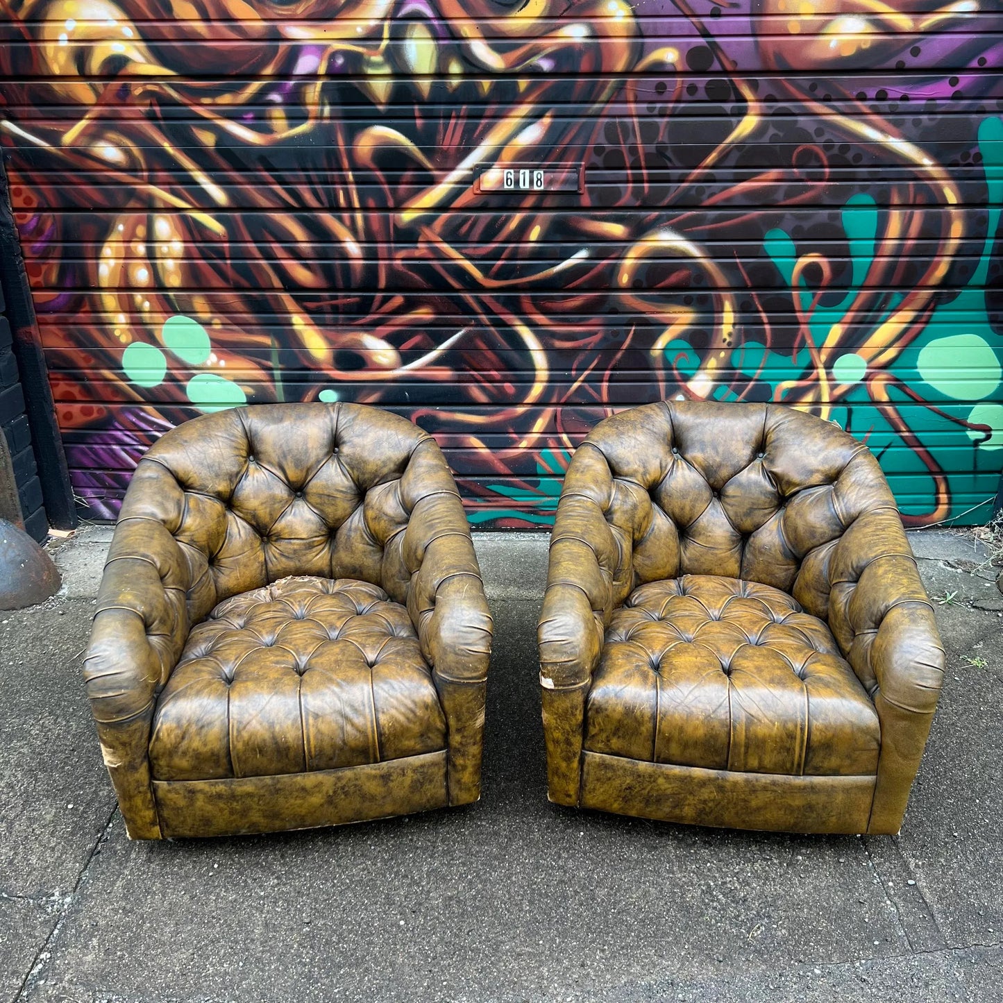 Pair of Ward Bennett Brown Leather Chairs on Casters