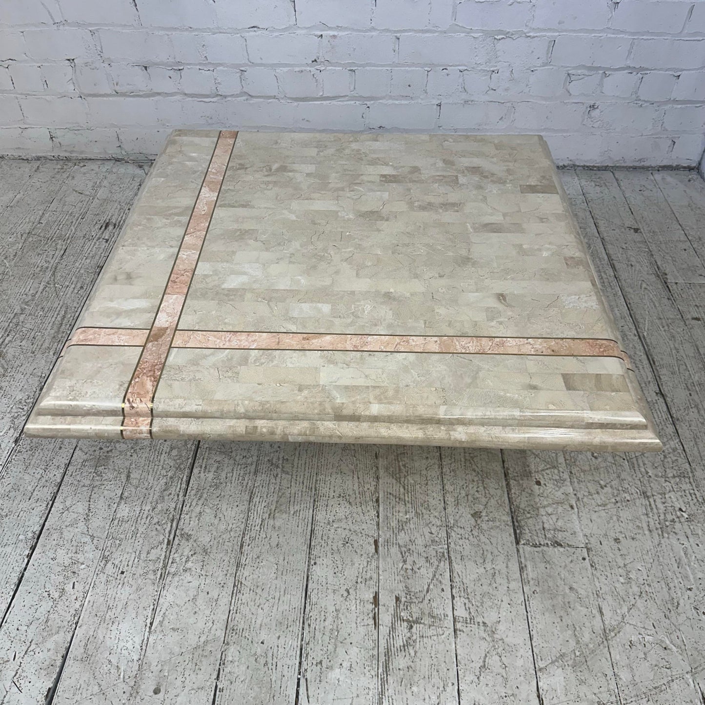 Maitland Smith Tessellated Travertine Pink Marble and Brass Square Coffee Table