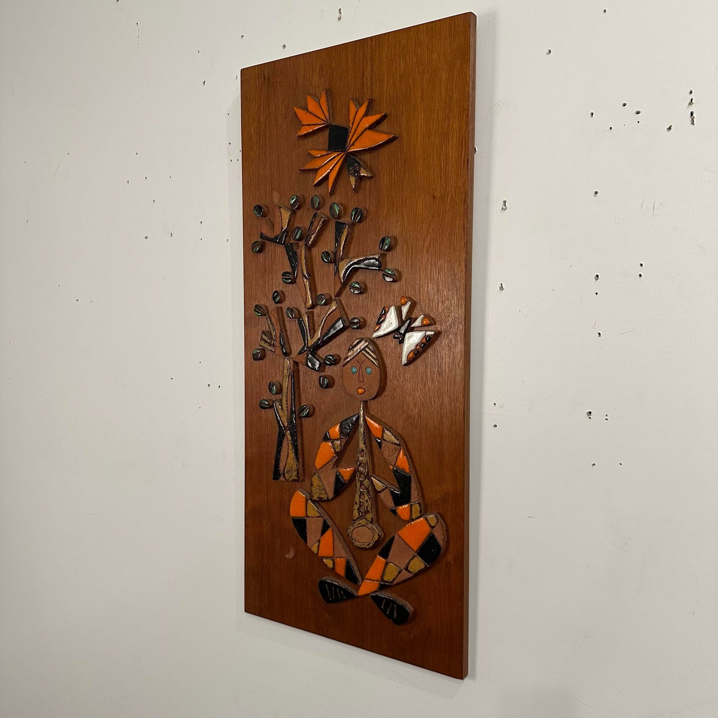 Mid Century Modern Ceramic Mosaic on Teak Wood La Luna