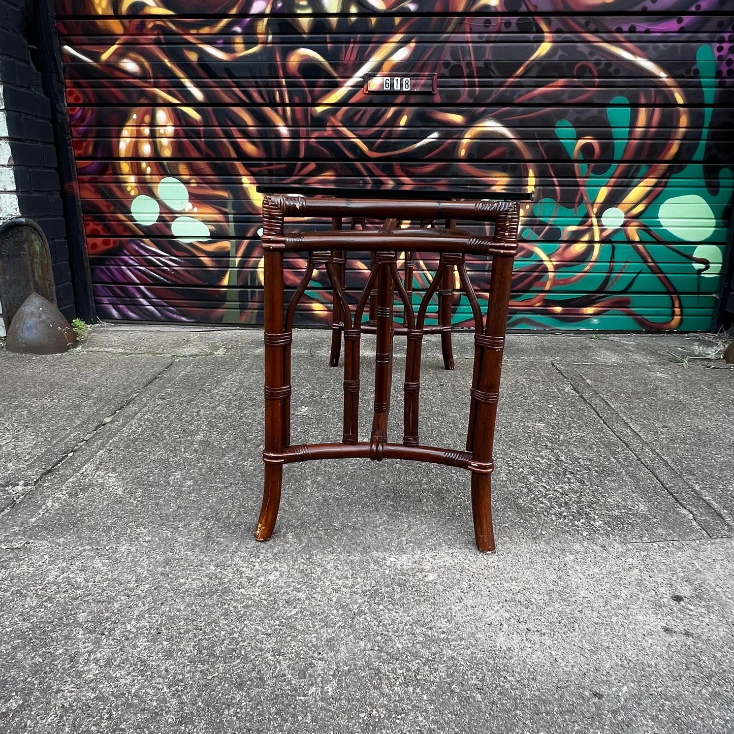 1970s Bamboo Rattan and Glass Console Table