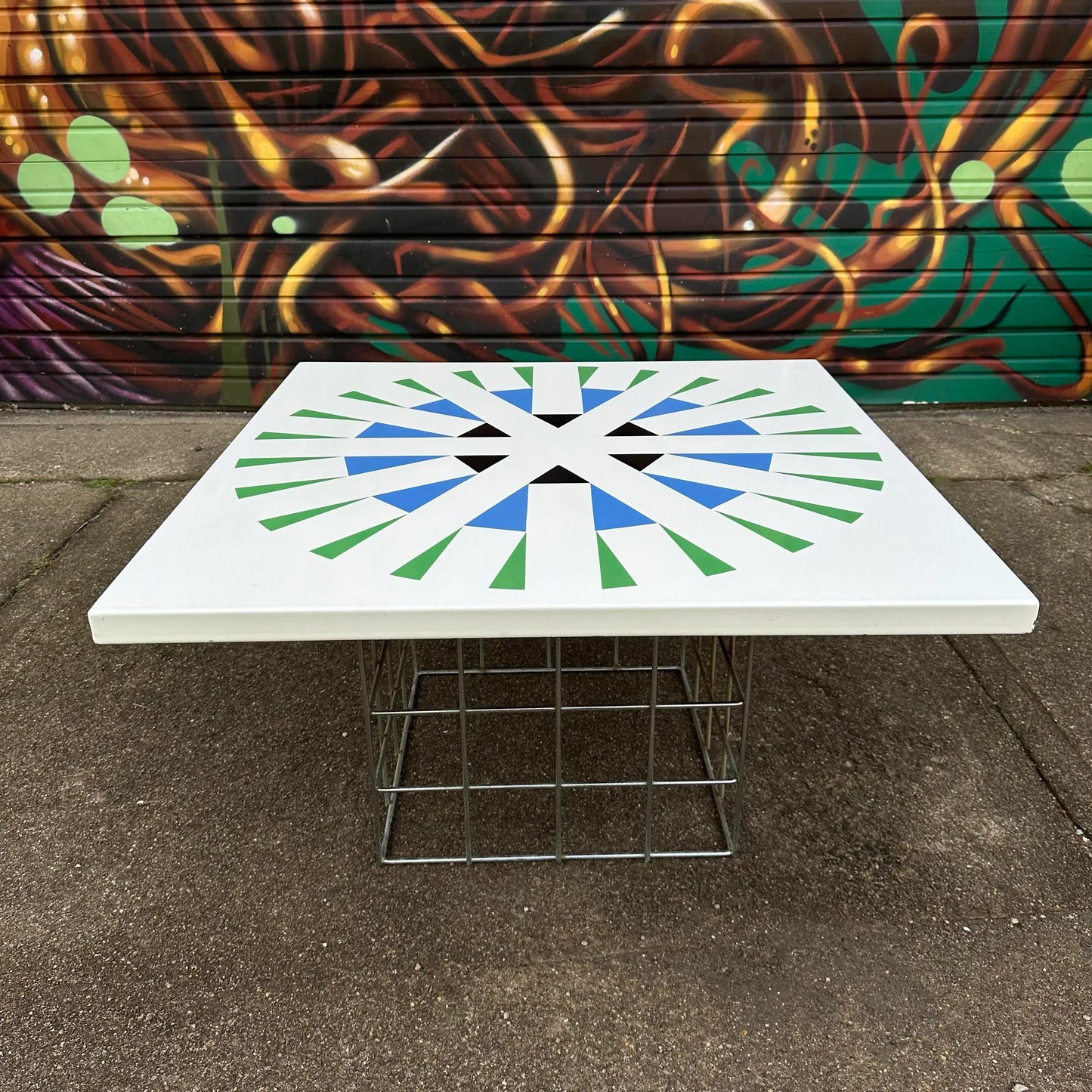 Amazing Geometric Enamel Top With Chrome Wire Bottom Side Table Alexander Girard