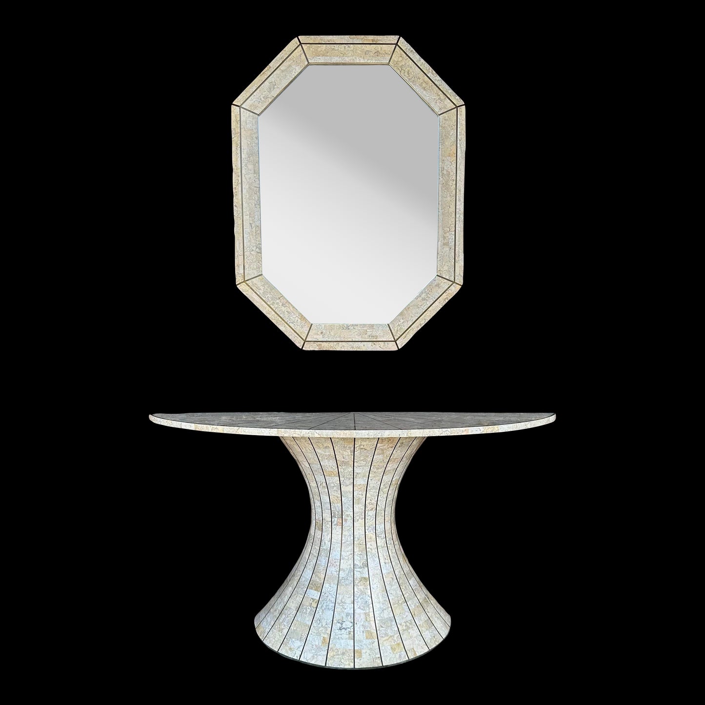 Post-Modern Travertine Vanity and Mirror Set Console Table Maitland Smith
