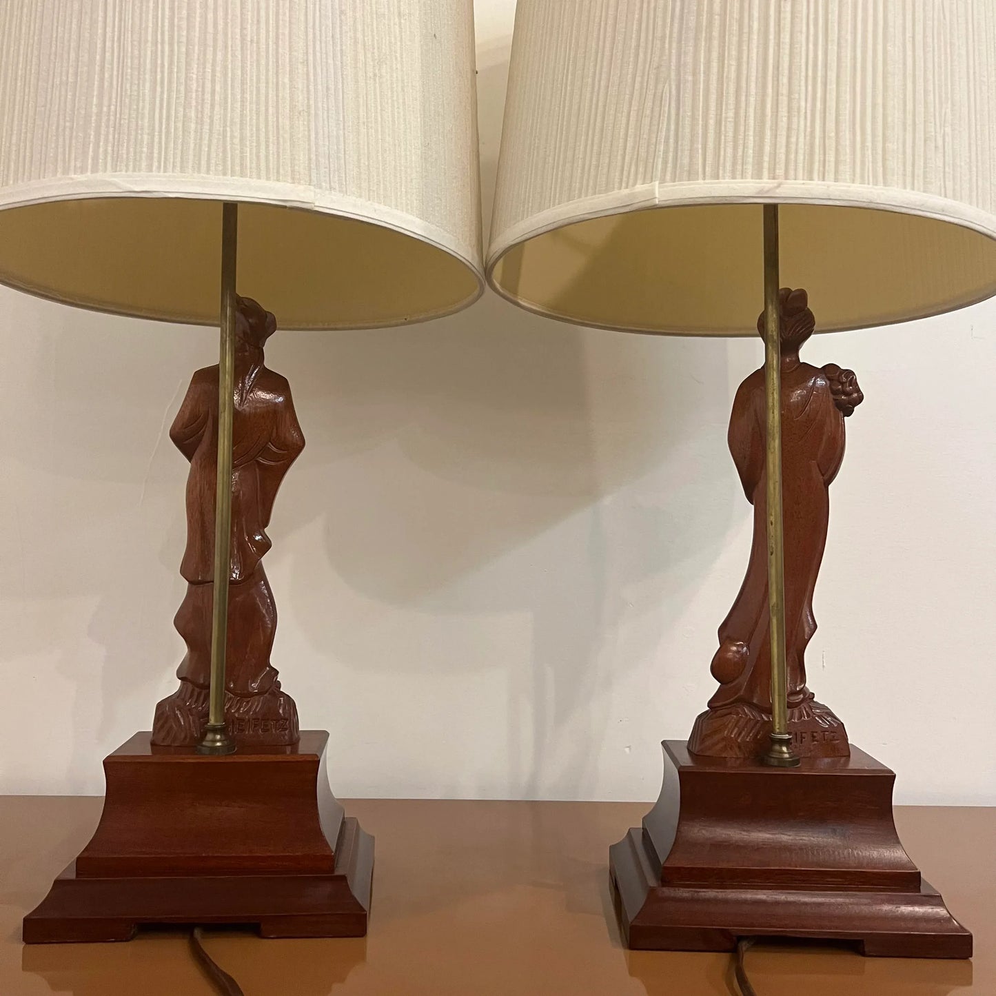 Pair of Yasha Heifetz Carved Man and Woman Lamps