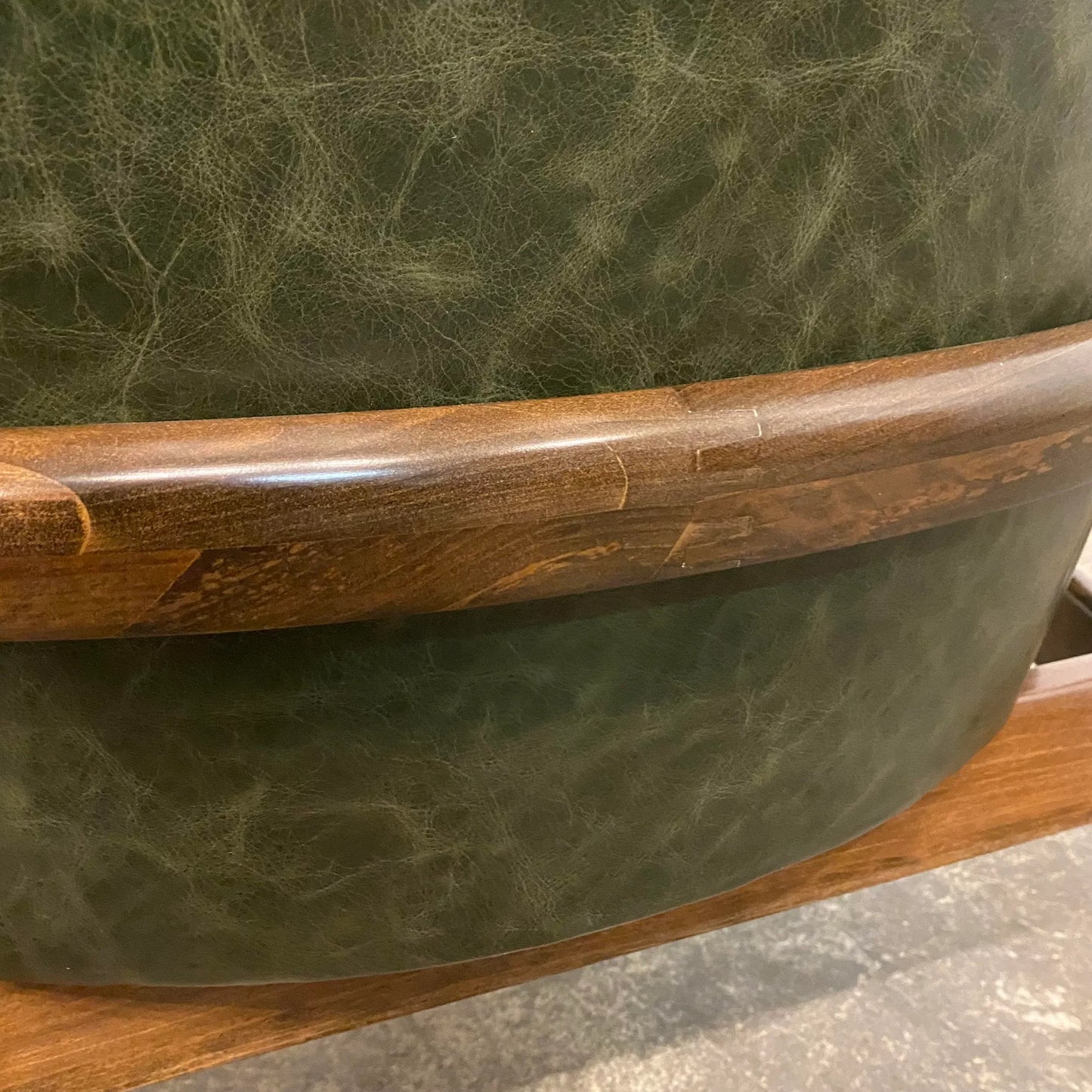 Mid Century Modern Milo Baughman Style Reupholstered Leather Barrel Back Chair. Green