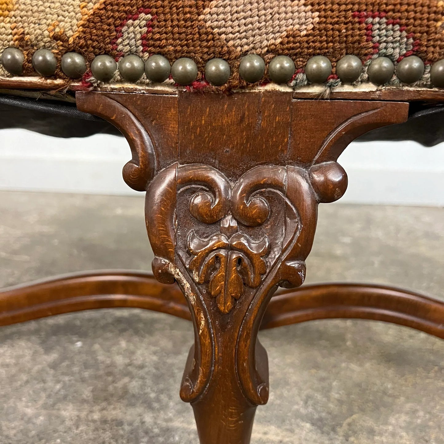 Antique French Style Carved Wood & Needlepoint Tapestry Bench