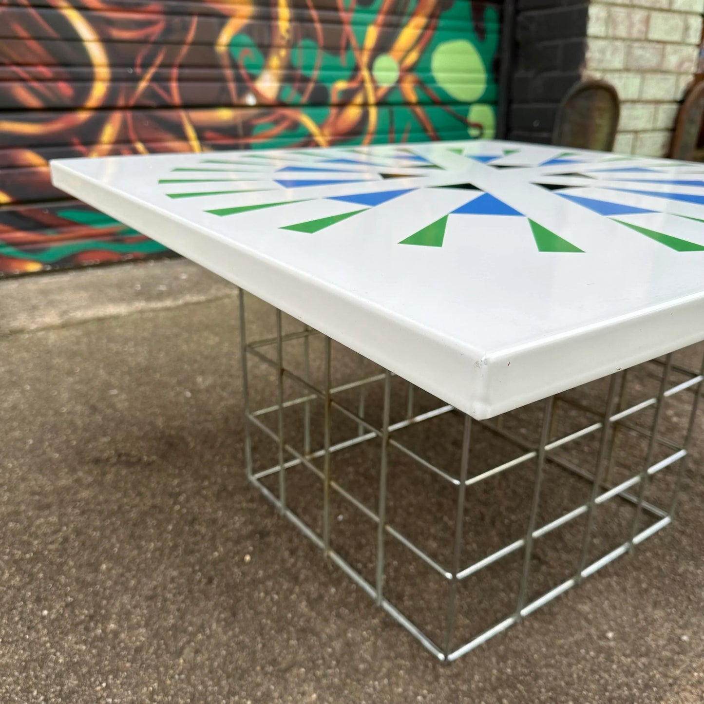 Amazing Geometric Enamel Top With Chrome Wire Bottom Side Table Alexander Girard