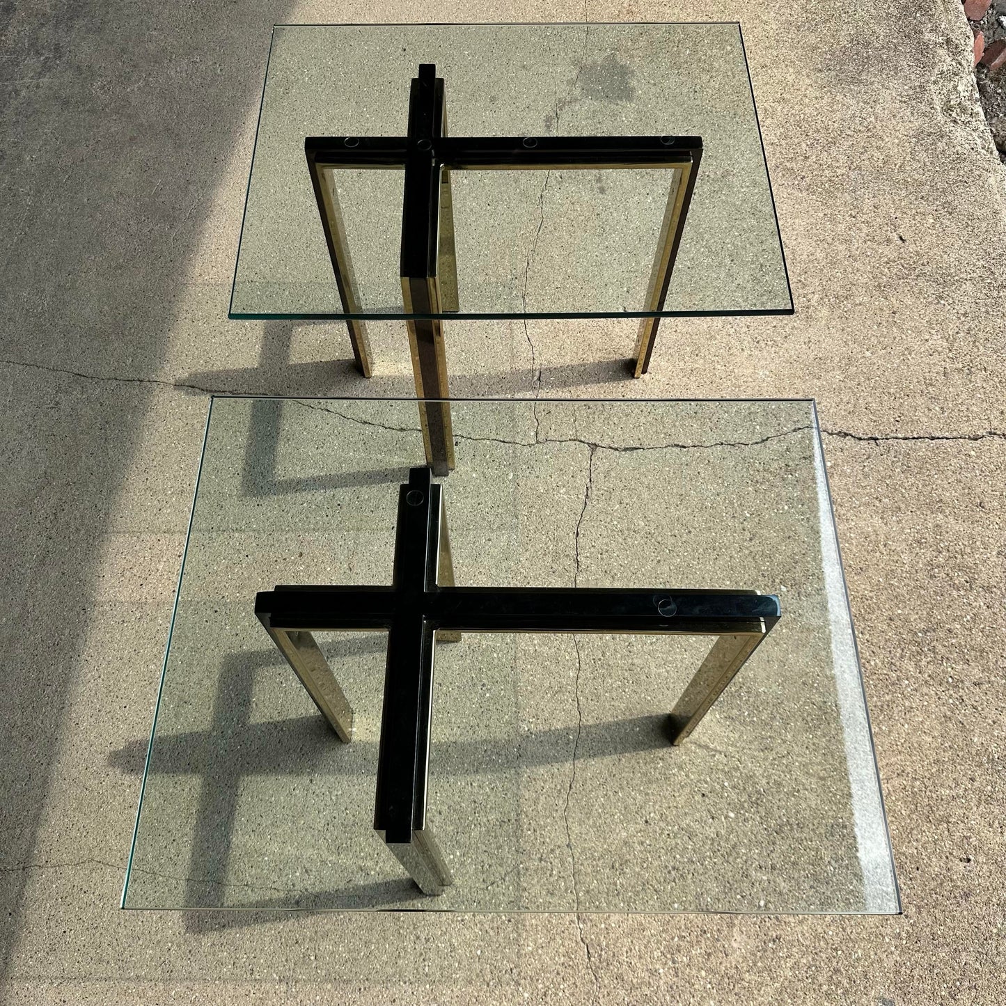 Pair of Glass and Brass and Smoked Chrome Solid Steel Side Tables