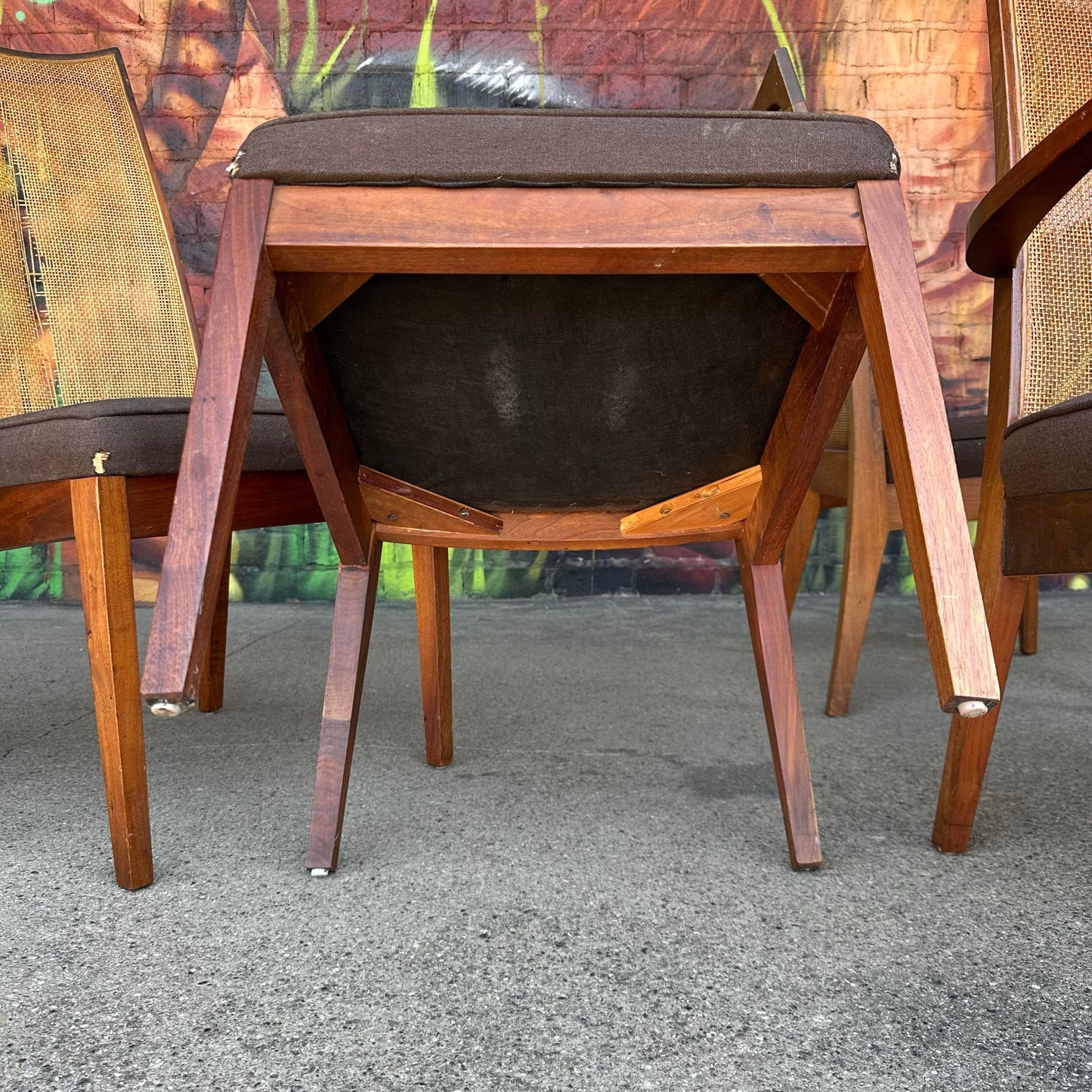 Set of Six John Stuart Walnut and Caned Dining Chairs