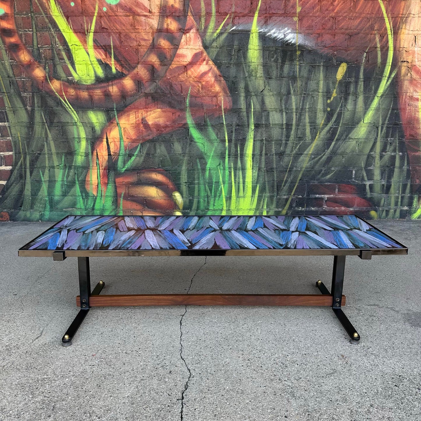 Mid Century Enamel Top Coffee Table Blue and Purple