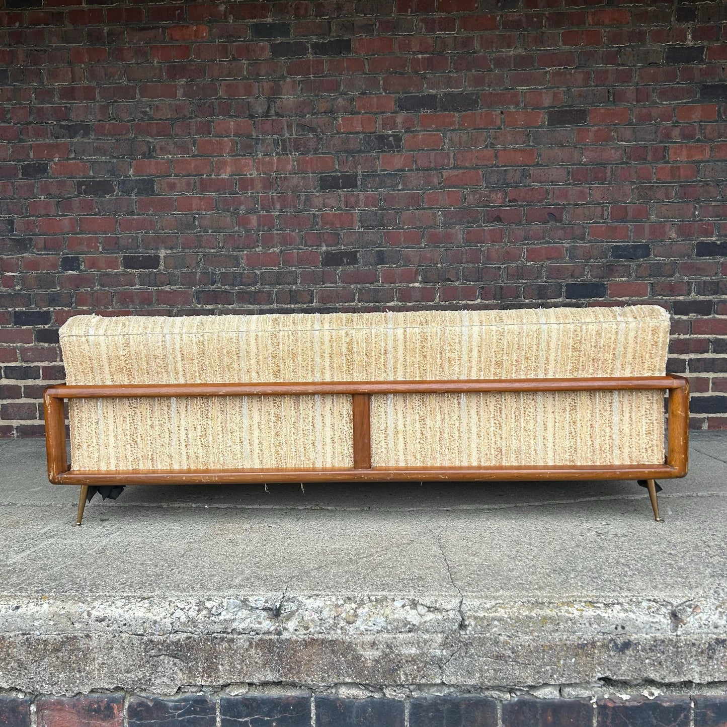 T. H. Robsjohn Gibbings Style Walnut Framed Sofa With Brass Legs