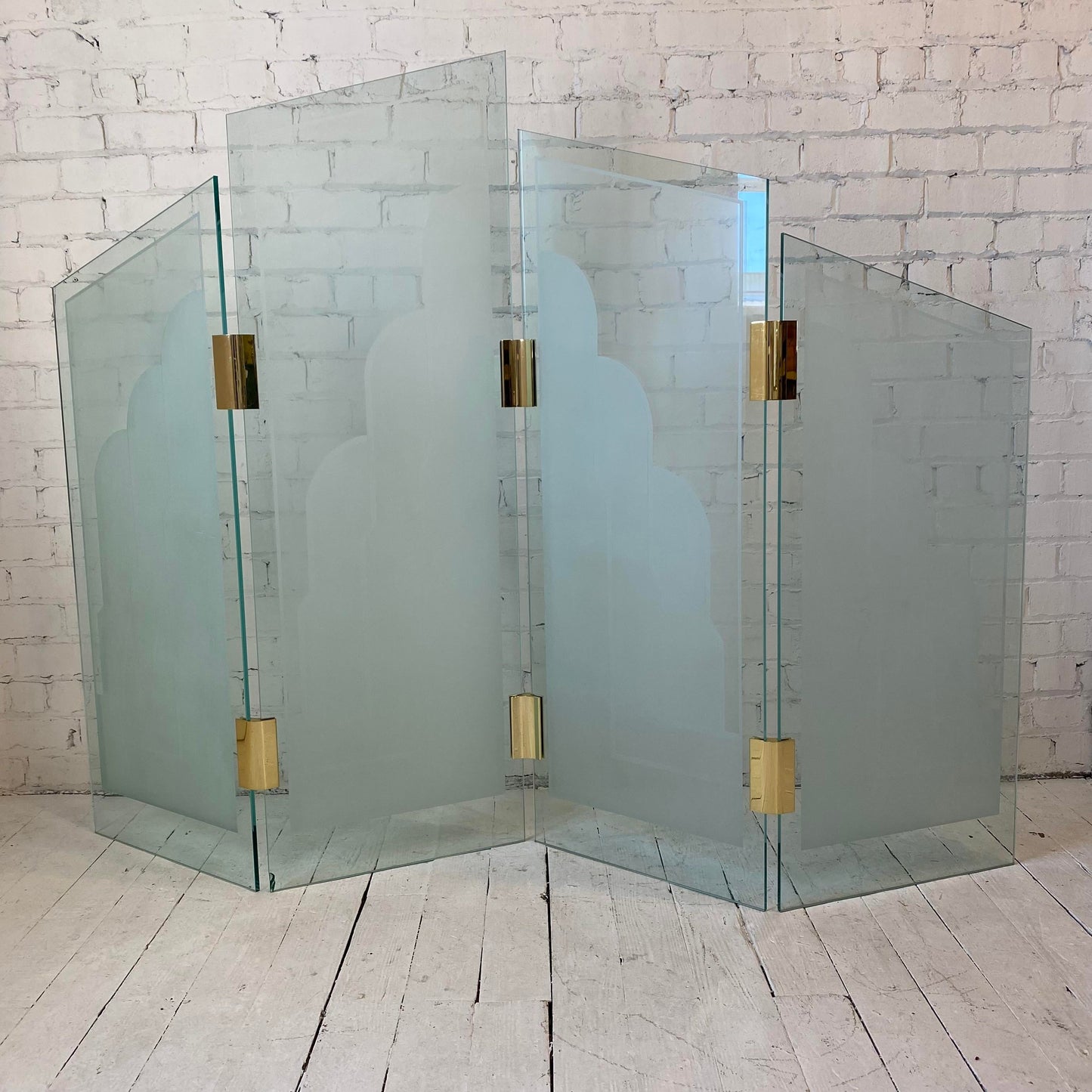 1970s Art Deco Style Glass Divider Sandblasted Glass With Brass Hardware