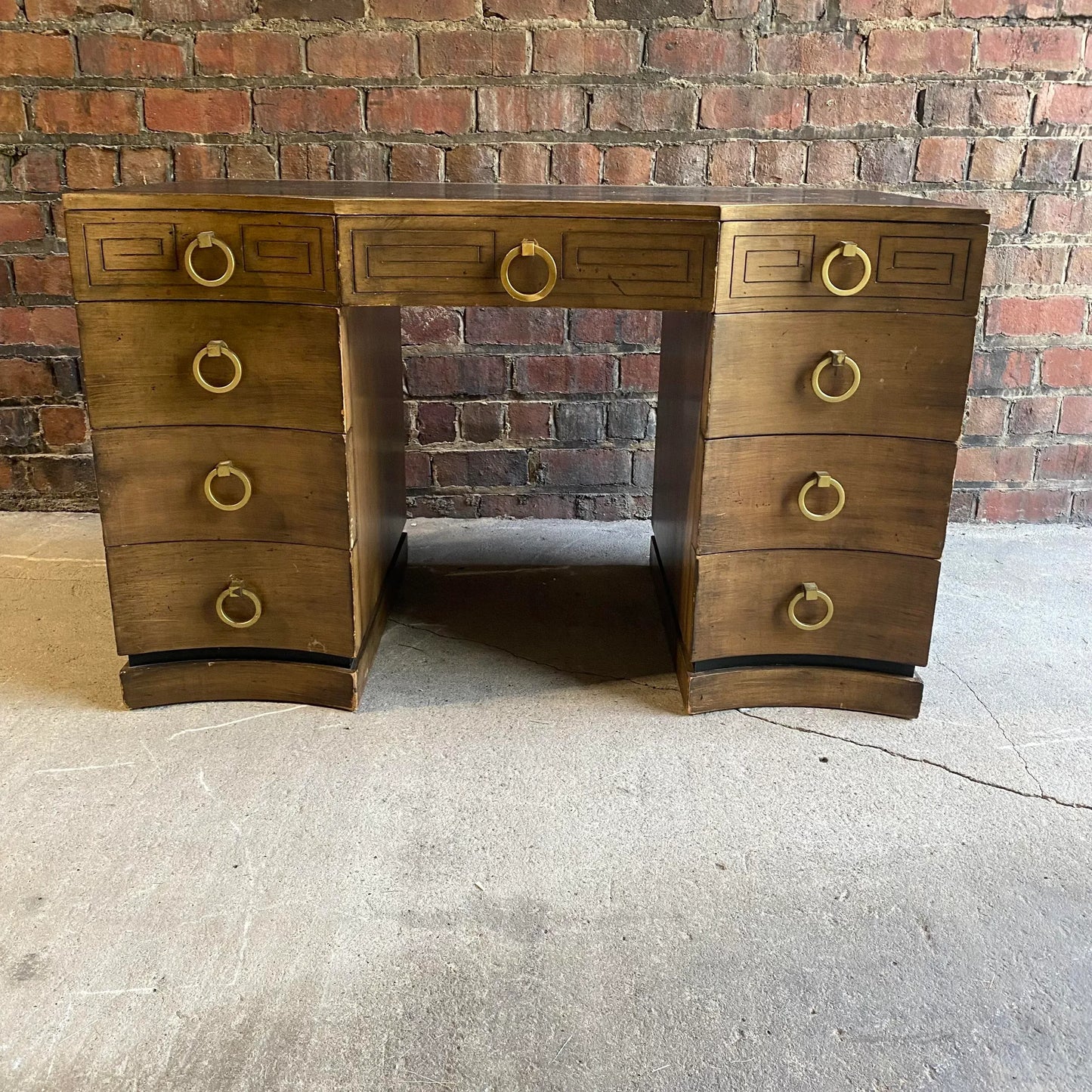 Mid 20th Century Greek Key Leather Top Desk Appears to Be by Parzinger
