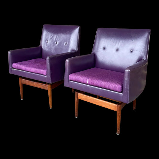 Jens Risom Swivel Base Arm Chairs Purple Leather