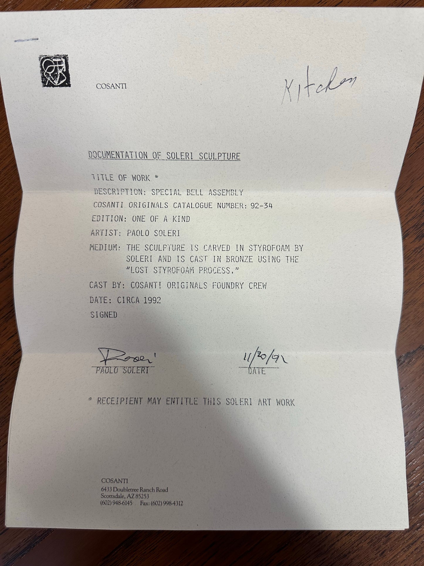 Custom One of a Kind Soleri Sculpture Bell With Documentation