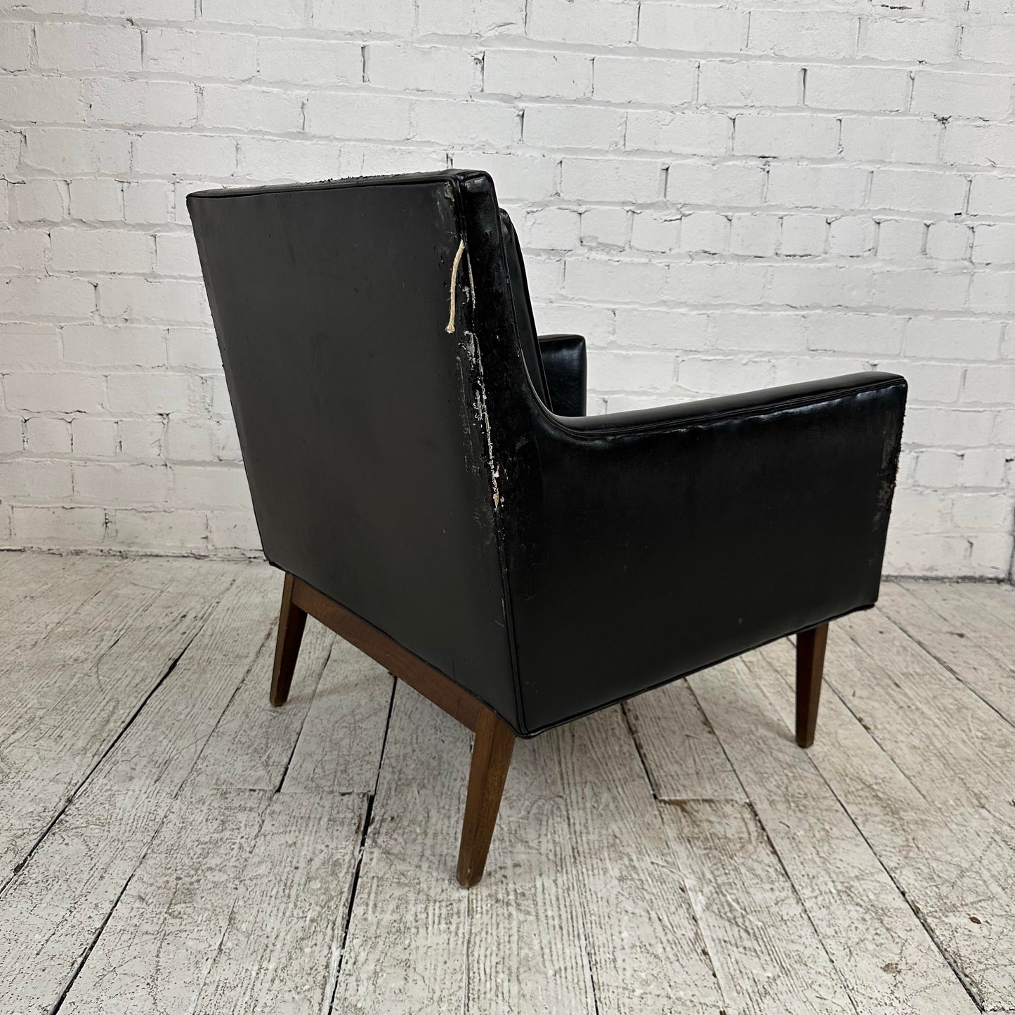 Mid Century Modern Black Vinyl Lounge Chair With Walnut Base Milo Baughman Style
