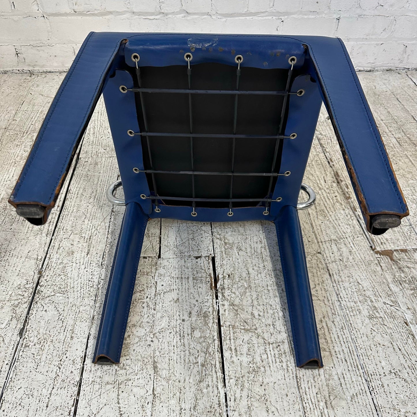 Blue Leather and Chrome Italian Designed Chair by Arper