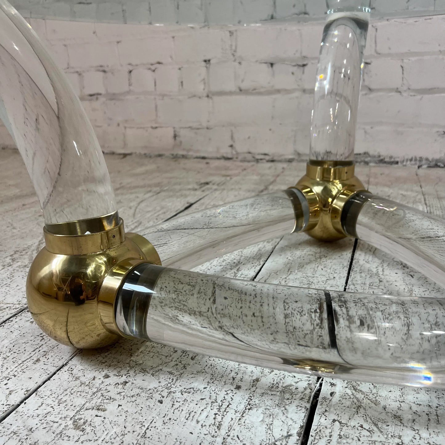 Karl Springer Style Post Modern Circular Glass Coffee Table Lucite and Brass