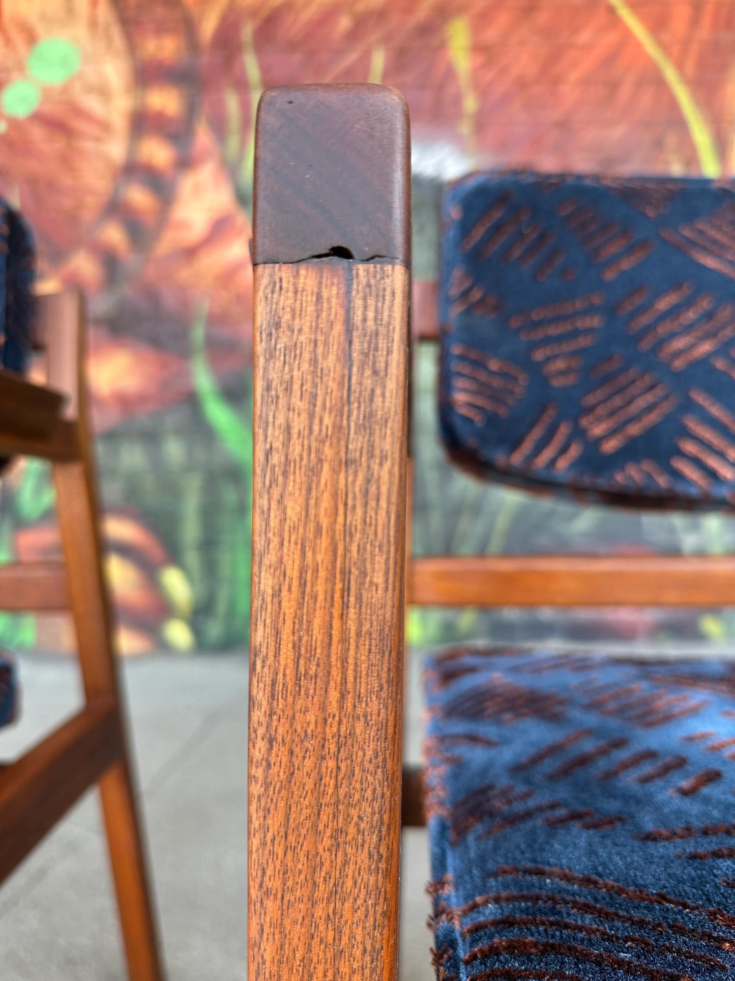 Pair of Walnut Jens Risom Arm Chairs in Jack Lenor Larsen Fabric