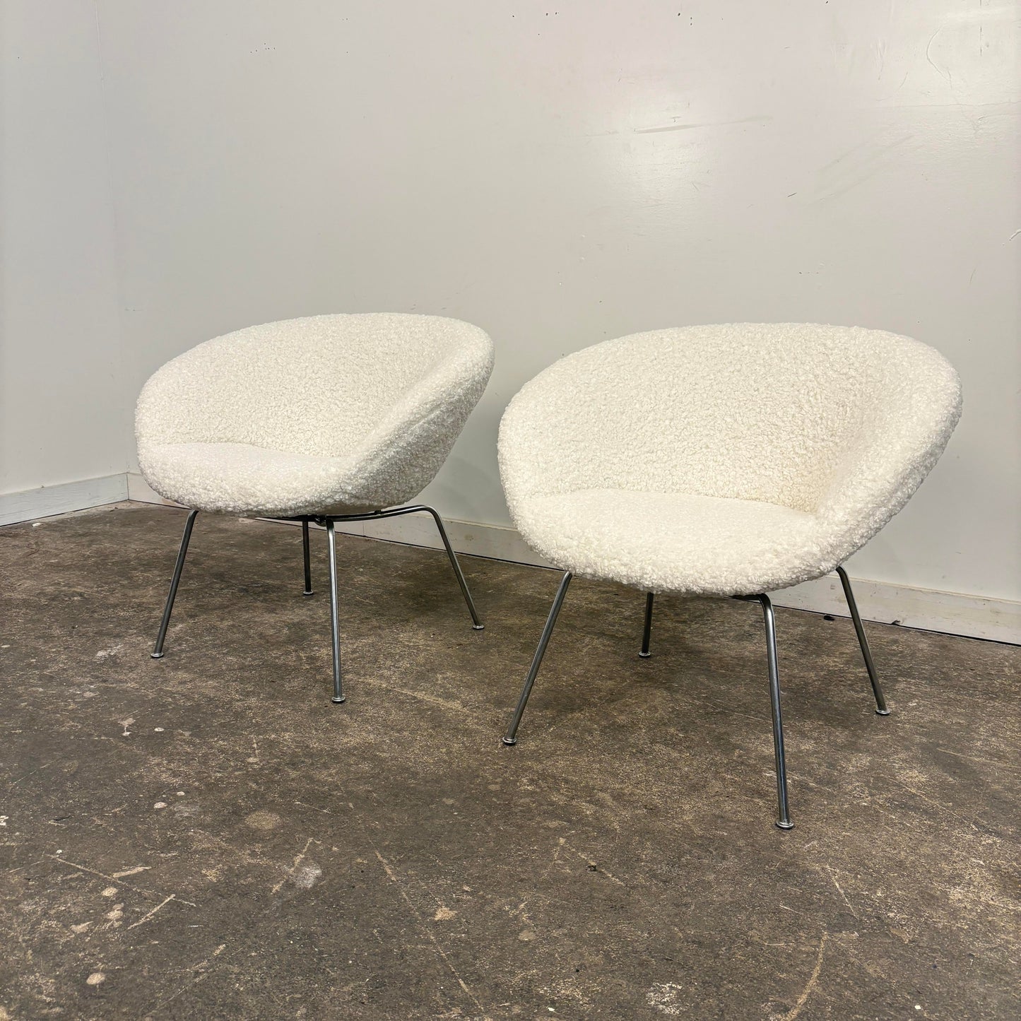 Pair of Arne Jacobsen Pot Chairs Reupholstered in Faux White Shearling