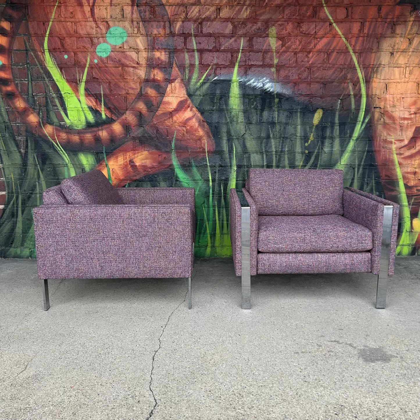Pair of Chrome Cube Club Chairs Newly Upholstered in a Great Multi Color Texture Fabric