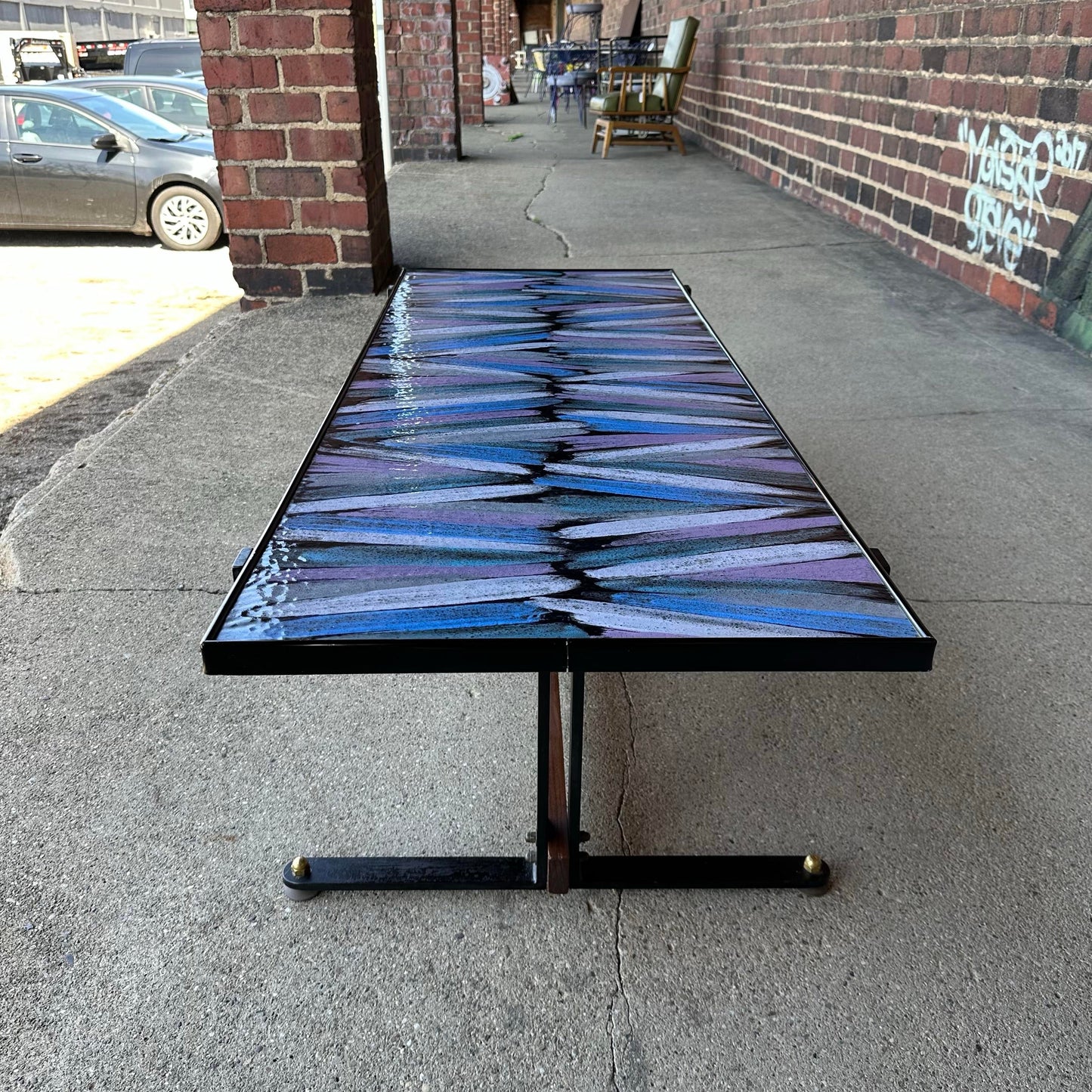 Mid Century Enamel Top Coffee Table Blue and Purple