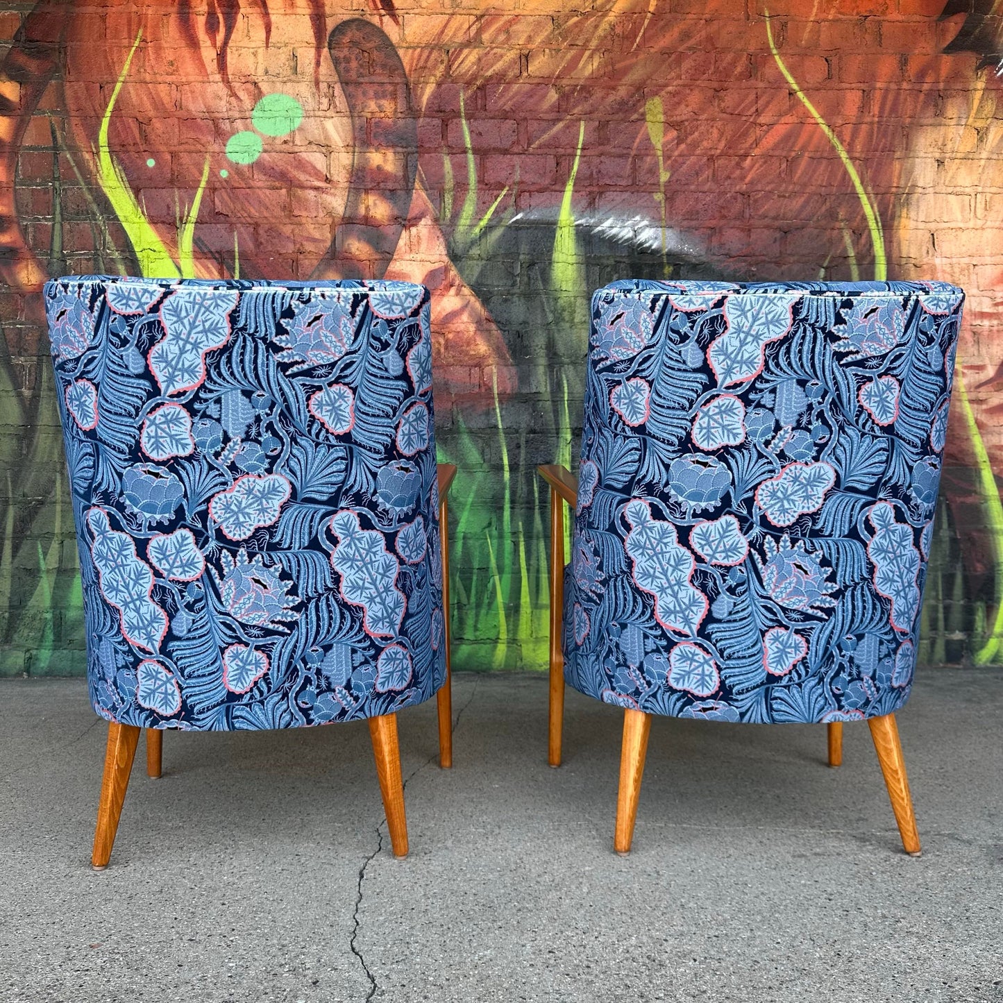 Pair of Mid Century Modern Klaus Haapaniemi & Co. Iceflower Blue Fabric Chairs
