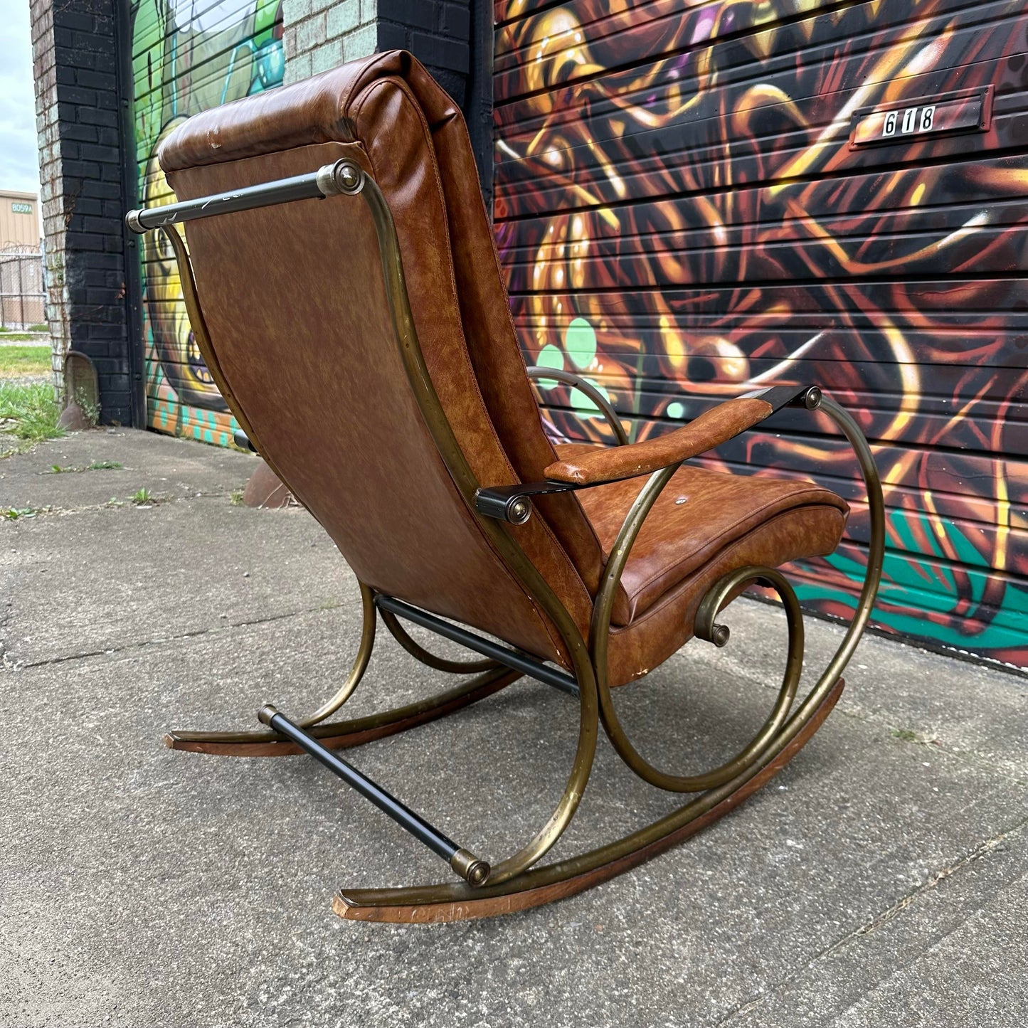 Mid 20th Century Lee Woodard Sculptural Brass and Wood Rocking Chair