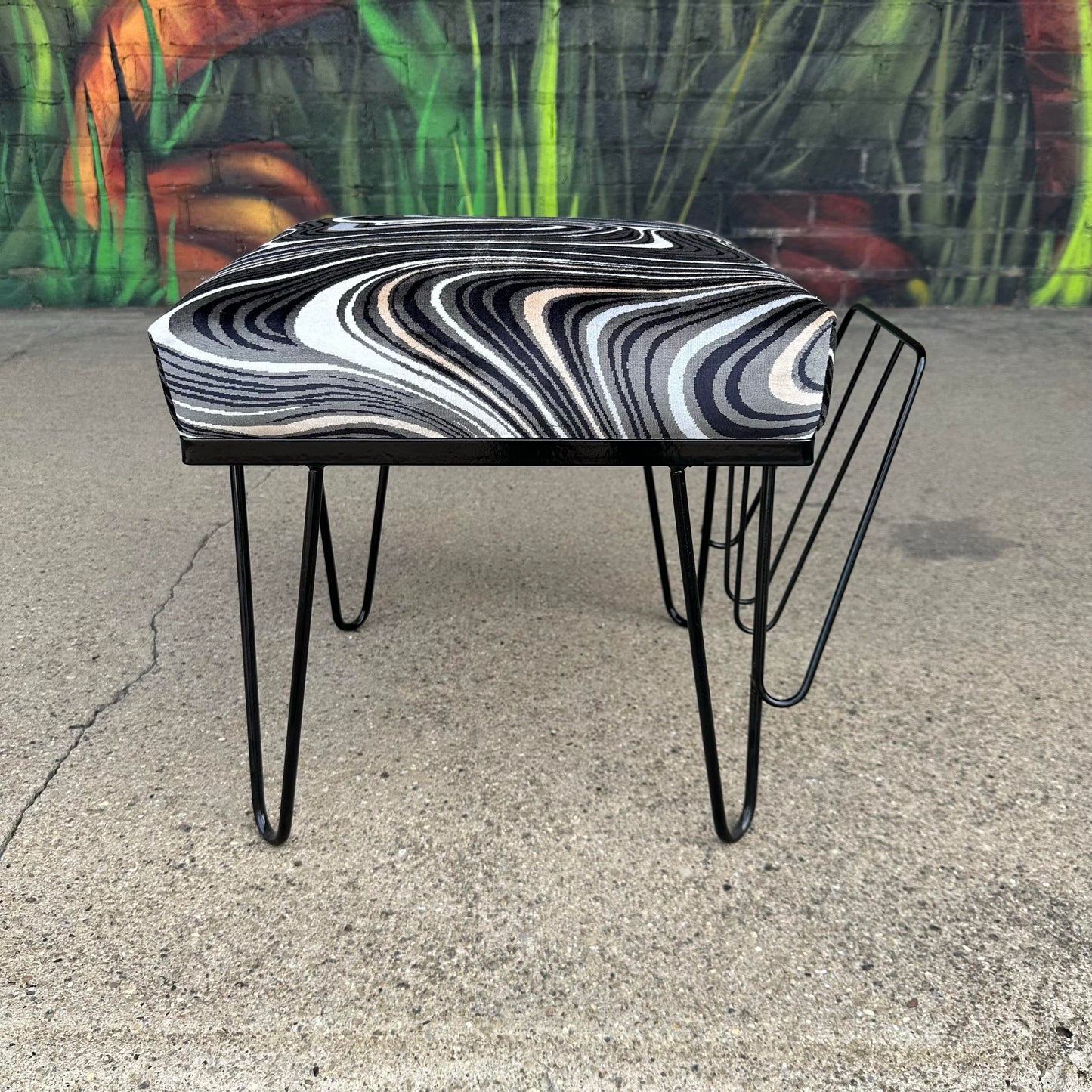 Reupholstered and Powder Coated Hairpin Leg Magazine Rack Ottoman