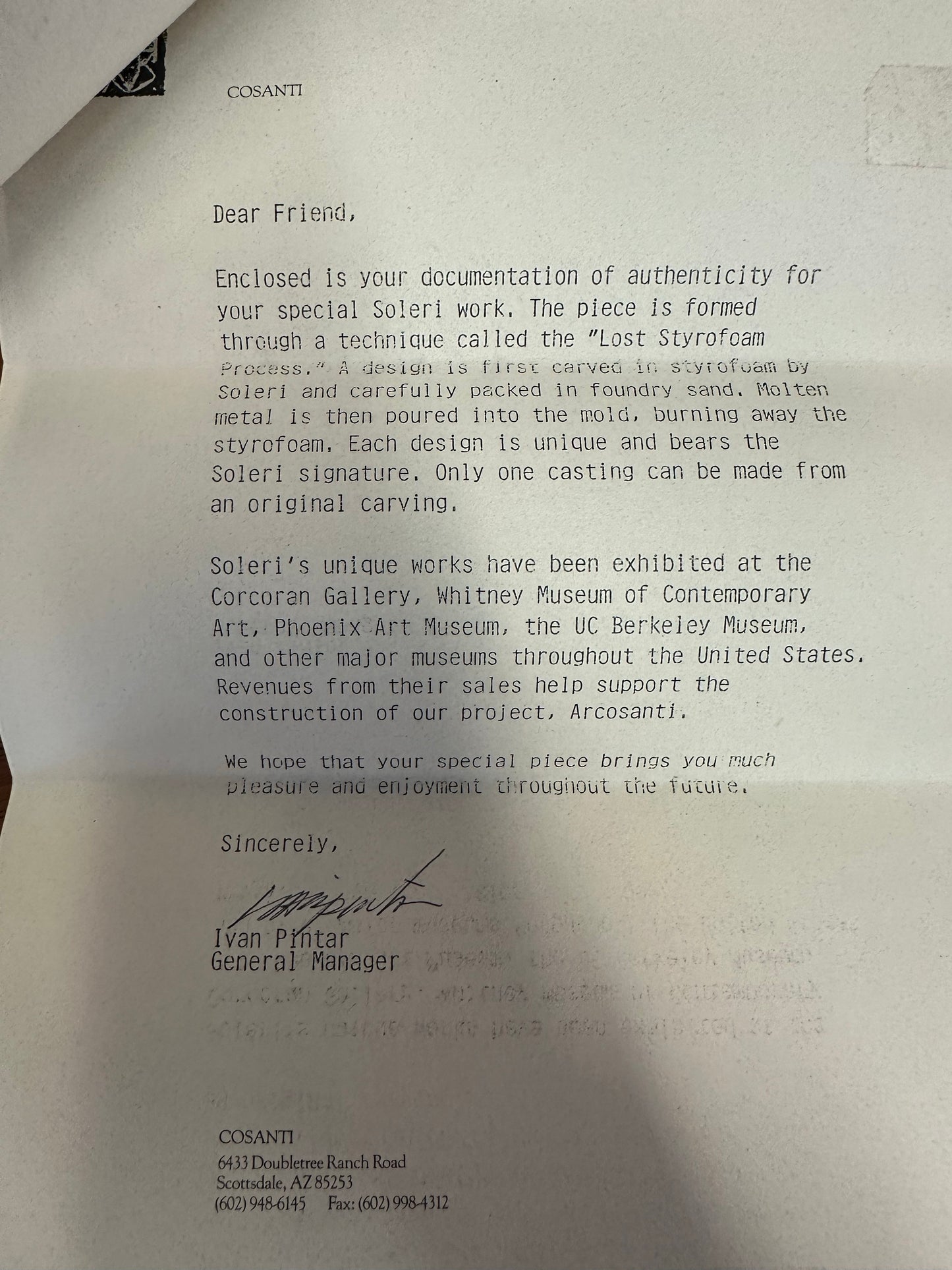 Custom One of a Kind Soleri Sculpture Bell With Documentation