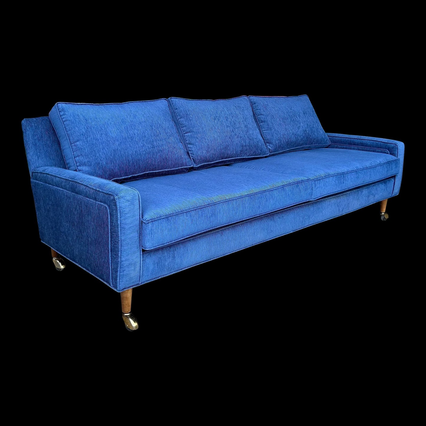 Mid Century Modern Sofa Reupholstered Blue Corduroy on Casters Possibly Selig