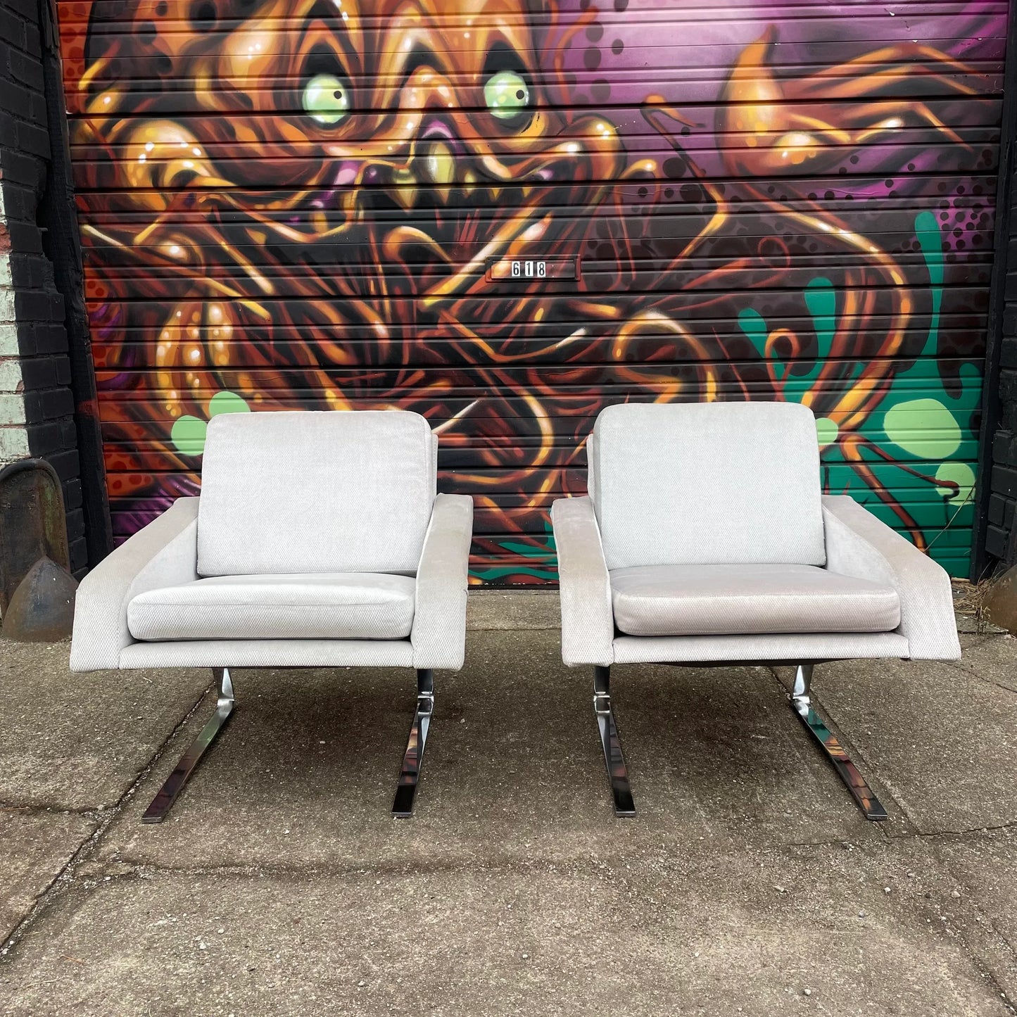 Pair of 1980’s Chrome Base Lounge Chairs Cantilevered