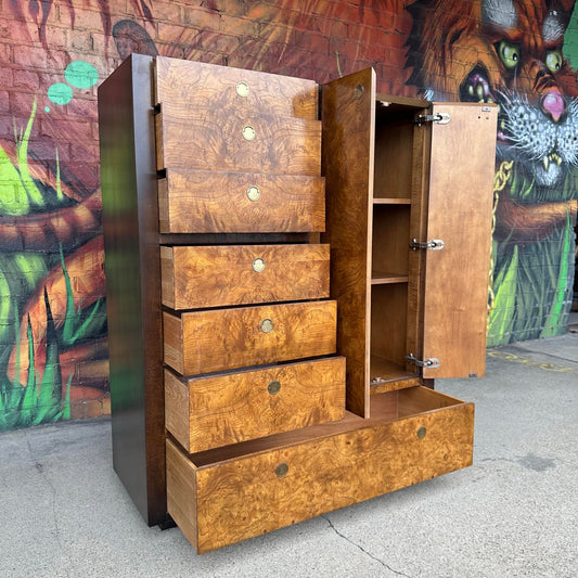Century Furniture Burlwood and Brass Armoire Highboy Wardrobe Mid Century Modern