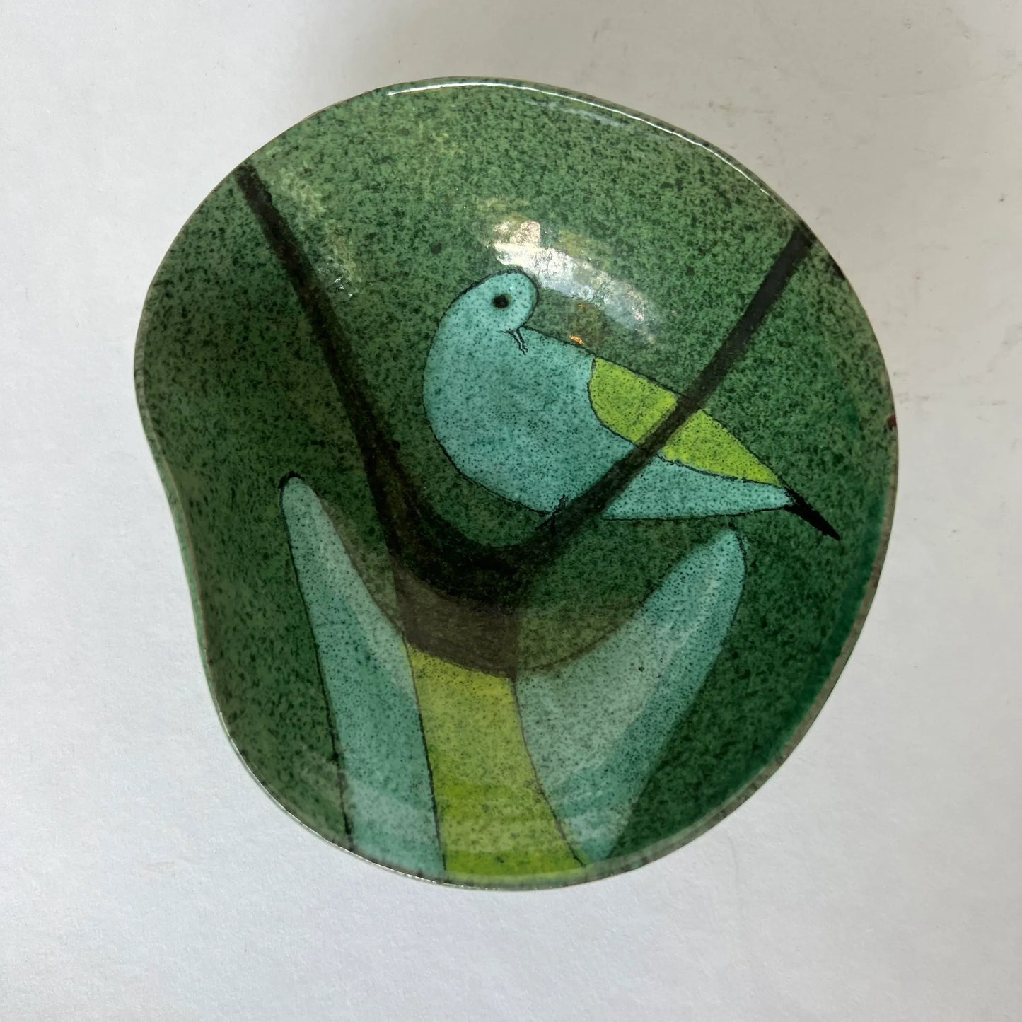 Beautifully Shaped Ceramic Dish With Bird Design Blue Green Teal Signed